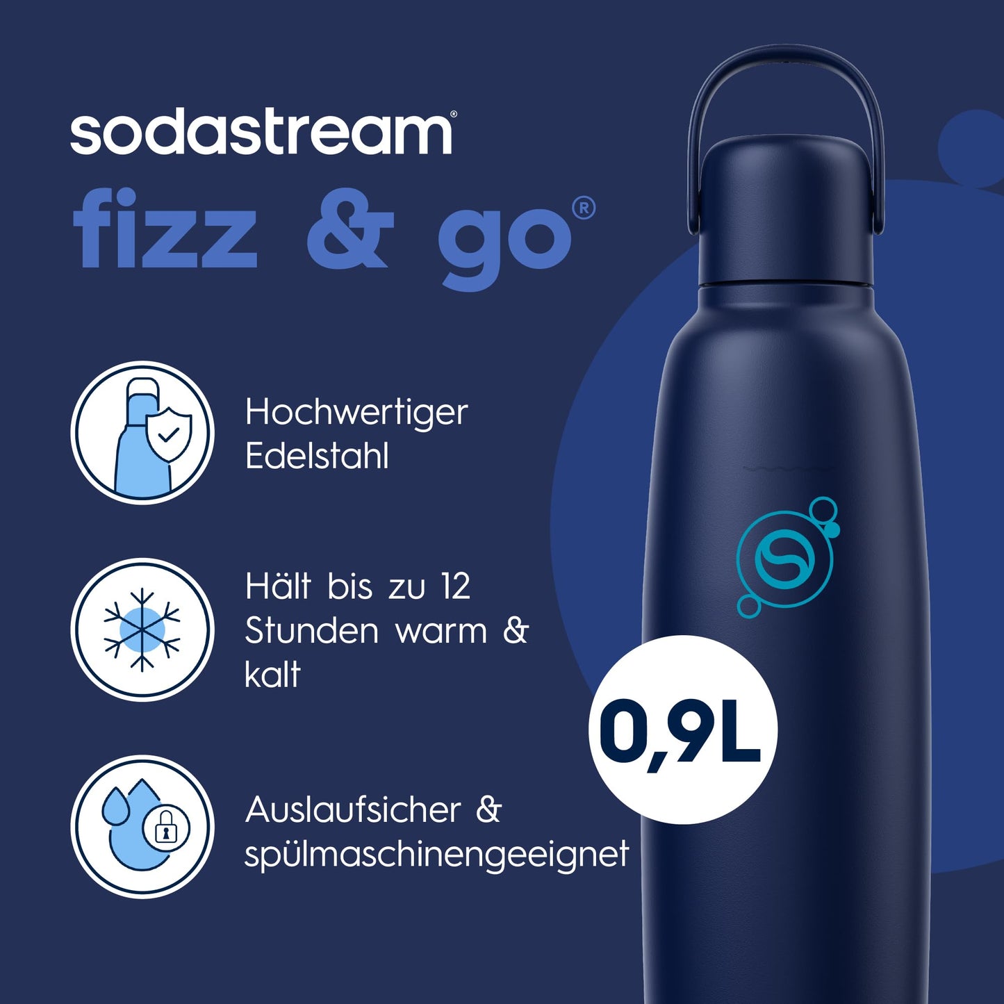 sodastream Fizz & Go stainless steel soda bottle 0.9 l, double-walled insulated thermos bottle, keeps hot & cold, for carbonated drinks, compatible with DUO, TERRA, ART, ENSO & more, Blueberry - 1062414440
