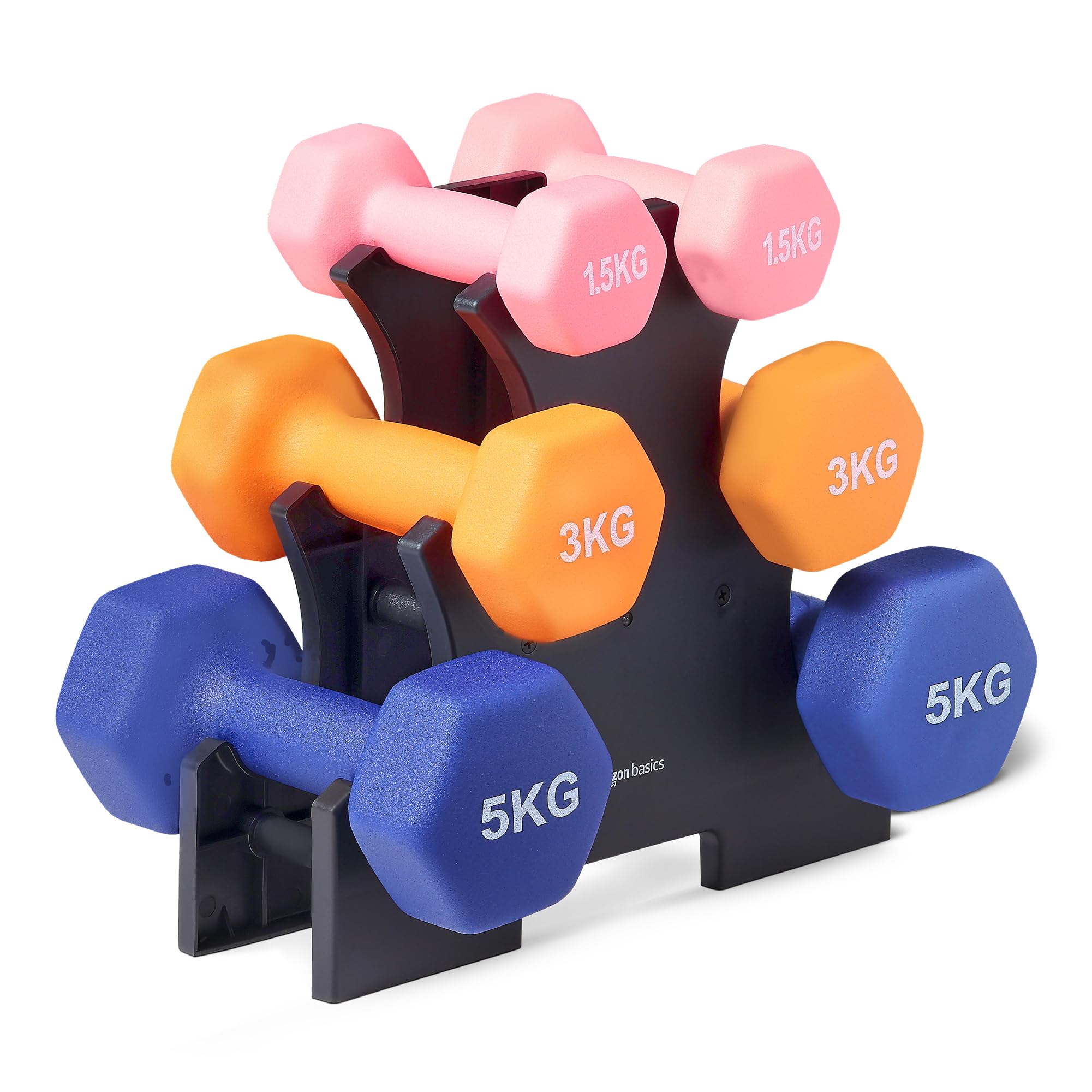 Amazon Basics Neoprene Dumbbell Weights Set with Stand, 1.5, 3, 5 kg Pairs - GND019