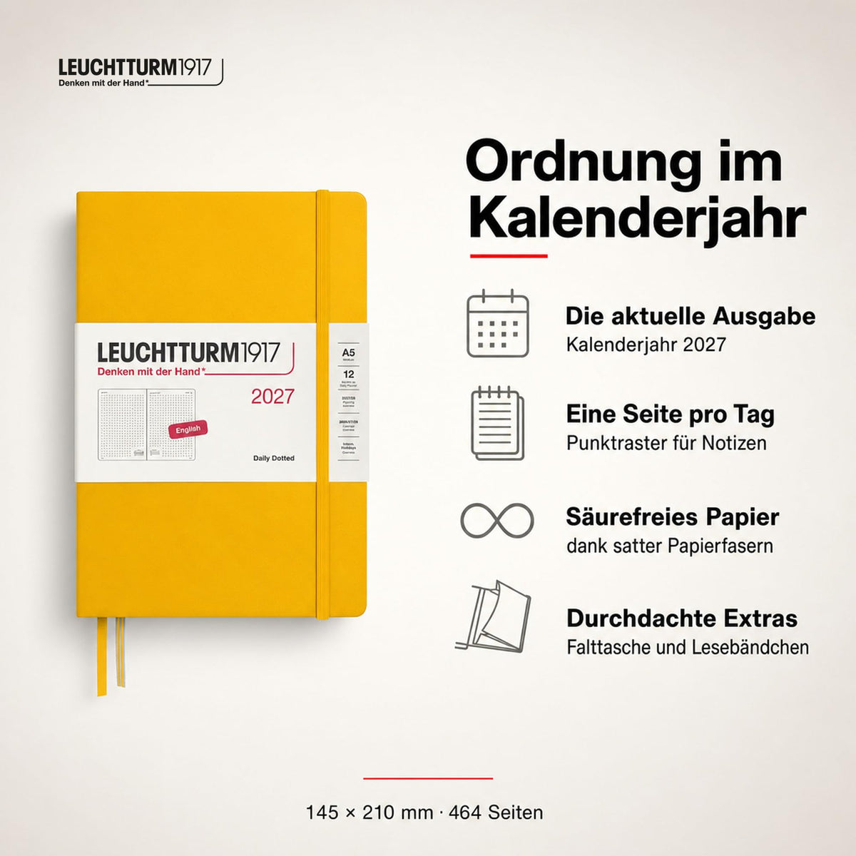 LEUCHTTURM1917 Calendar zilnic 2027 cu punct mediu (A5) - engleză, floarea soarelui, 145 x 210 mm, ianuarie-decembrie (12 luni), 1 pagină pe zi, grilă orară 7:00-22:00, copertă cartonată, hârtie de 80 g/m² - 400335