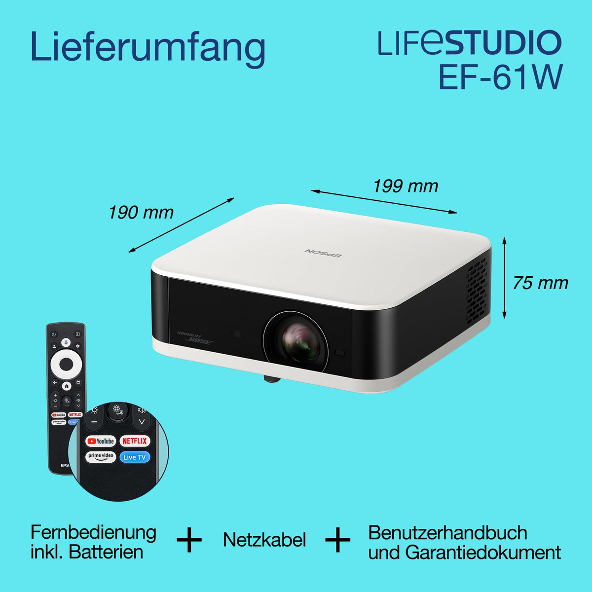 Epson EF-61W, Full HD 1080p Smart TV Projector, portable, 700 Lumens, Sound by Bose, Google TV, 150 inches