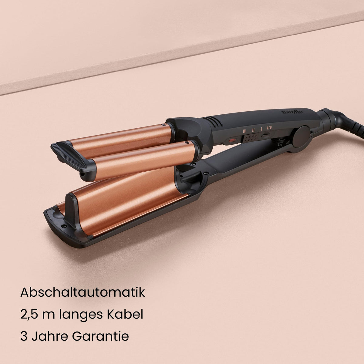 BaByliss Deep Waves Hair Waver – Ceramic coating, 3 temperature settings (160°C-200°C), frizz-free mermaid waves & beach waves, quick heat-up – Black & Gold, W2447E