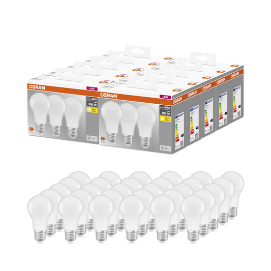 Osram BASE CLASSIC A 60 FR LED lamp with E27 base, bulb shape, pack of 3, 8.5W, 806lm, 2700K, warm white light, lower heat generation, very low energy consumption, long service life, 30-pack - 4099854046803