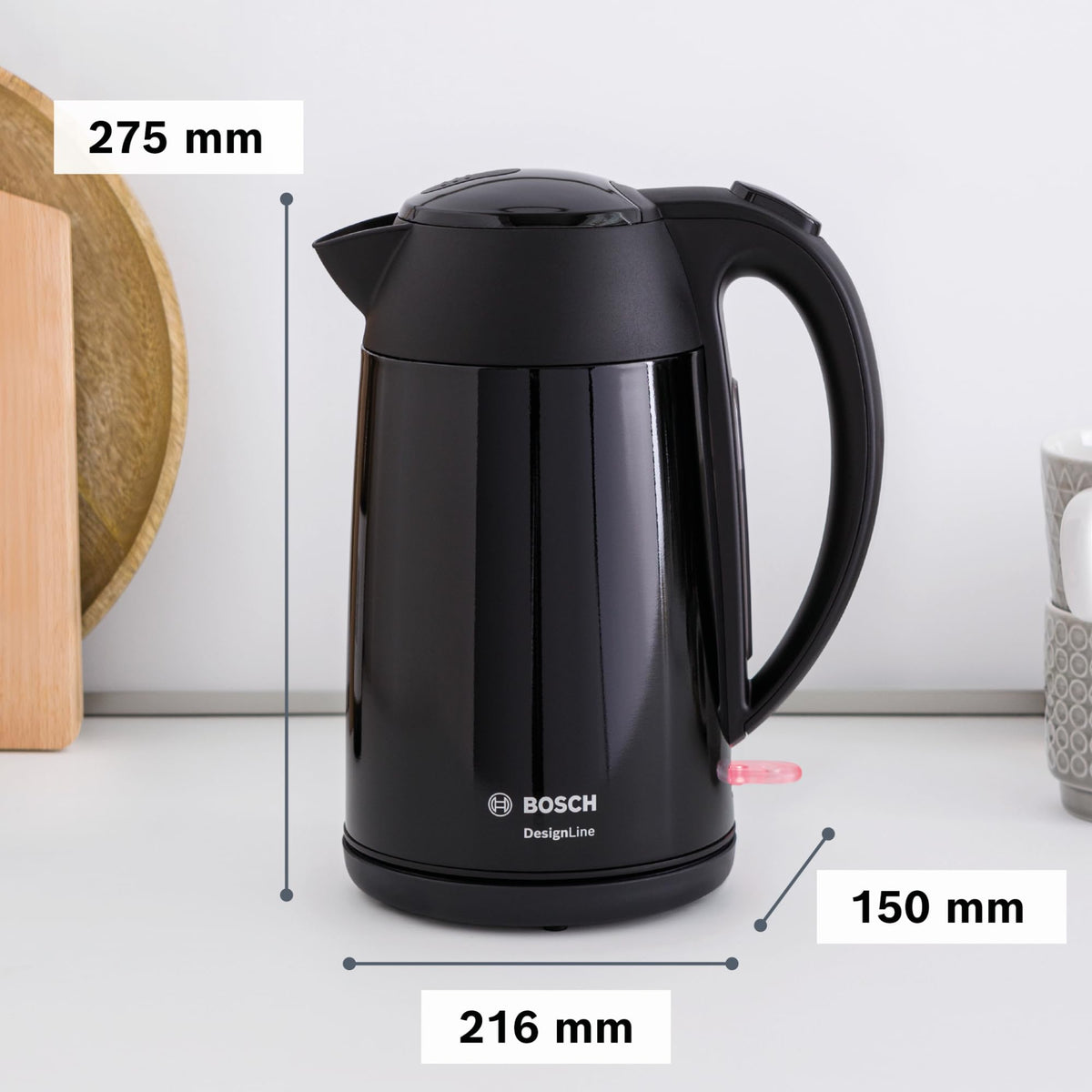 Bosch cordless kettle DesignLine TWK3P423  
 DesignLine cordless kettle, spill-free pouring, cup indicator, water level indicator, overheating protection, 1.7 L, 2400 W, black