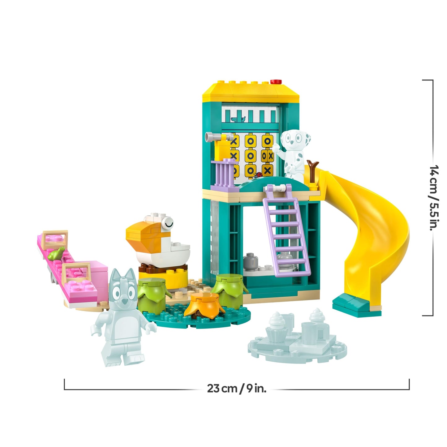 LEGO Bluey Playground Fun with Bluey and Chloe - Toy for 4+ Year Old Girls & Boys - incl. 2 Minifigures, a Functional Pink See-Saw, Slide, Climbing Frame & 3 Plants - Gift for TV Show Fans - 11201