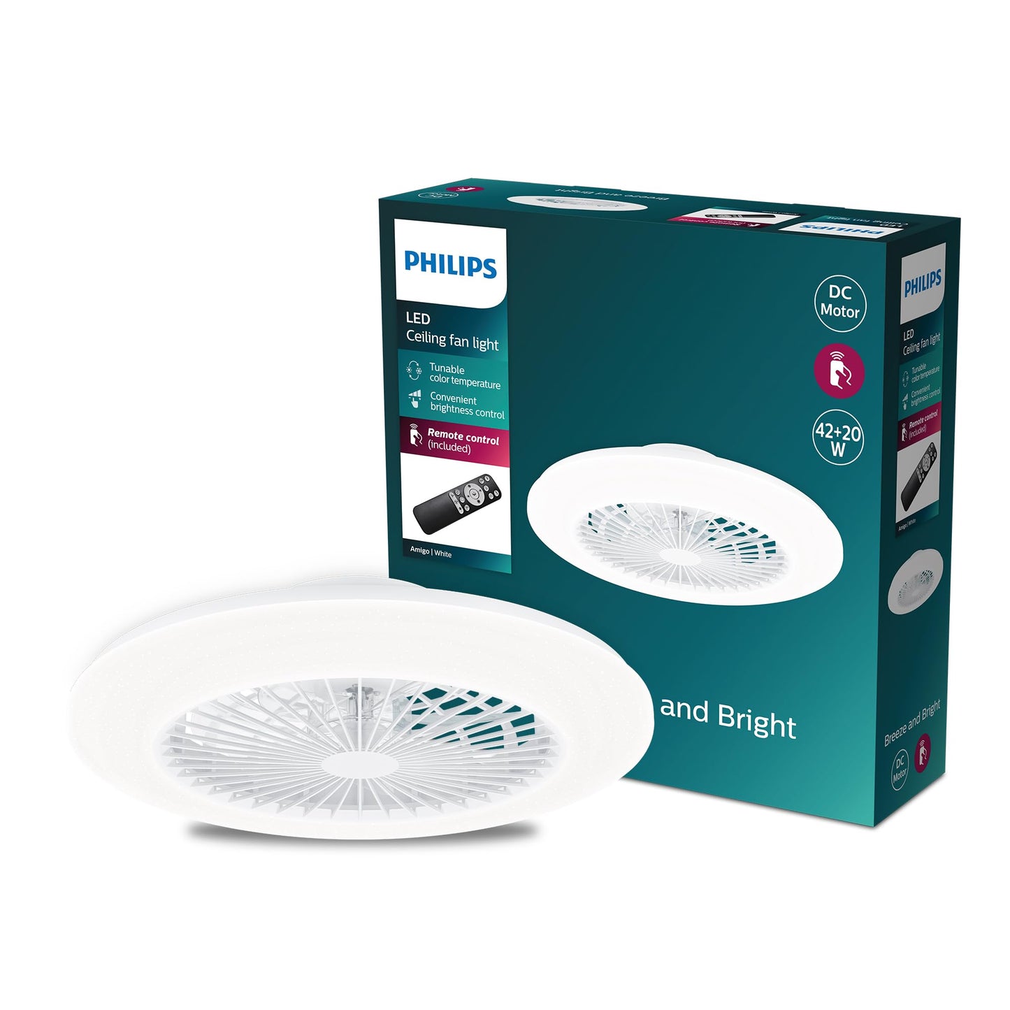 PHILIPS ceiling fan and LED ceiling light Amigo, 20W+40W, diameter 49cm, round, including remote control - 929003338201