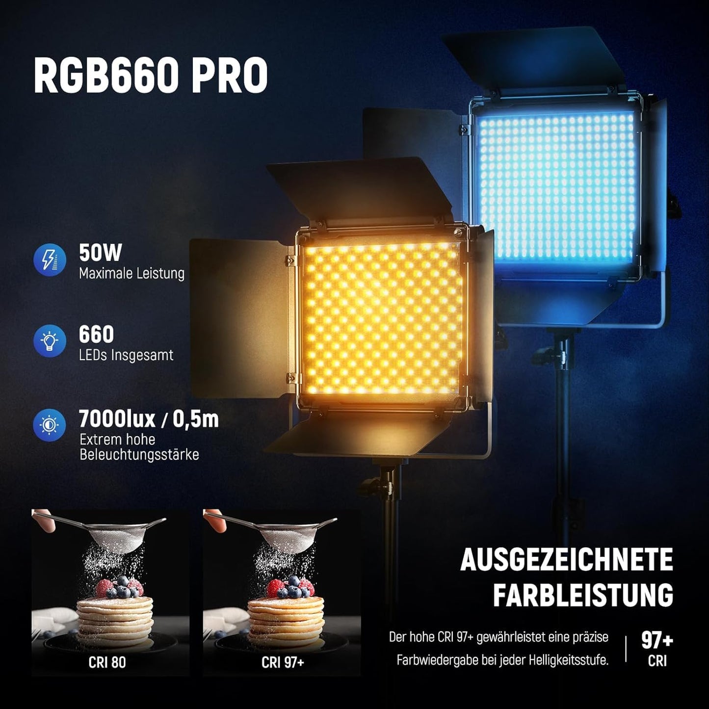 NEEWER 2 x 660 PRO RGB LED video light panel with tripod stand set app control 360° full color video light 50W dimmable 3200~5600K CRI97+ studio continuous light gaming/streaming/zoom/YTB/Webex/photography - 10098759
