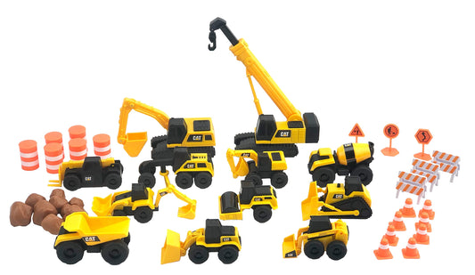 CAT® Construction Little Machines Mega-Set I Cu 40 de piese I Include vehicule, o macara, semne de circulație, conuri, blocuri și cilindri I Pentru copii de la 3 ani, Galben, 1:64 - 83337