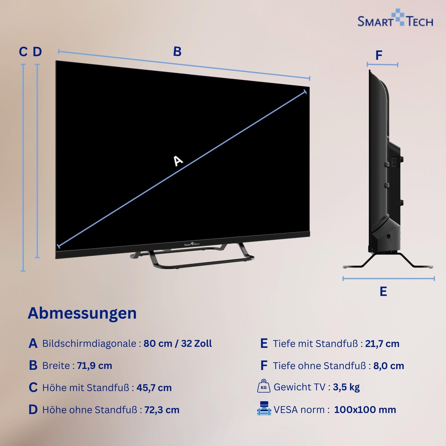 Smart Tech 32HV02V TV 32 inch Smart TV VIDAA - TV with HD resolution and triple tuner, LED TV (2026) - 32hv02v