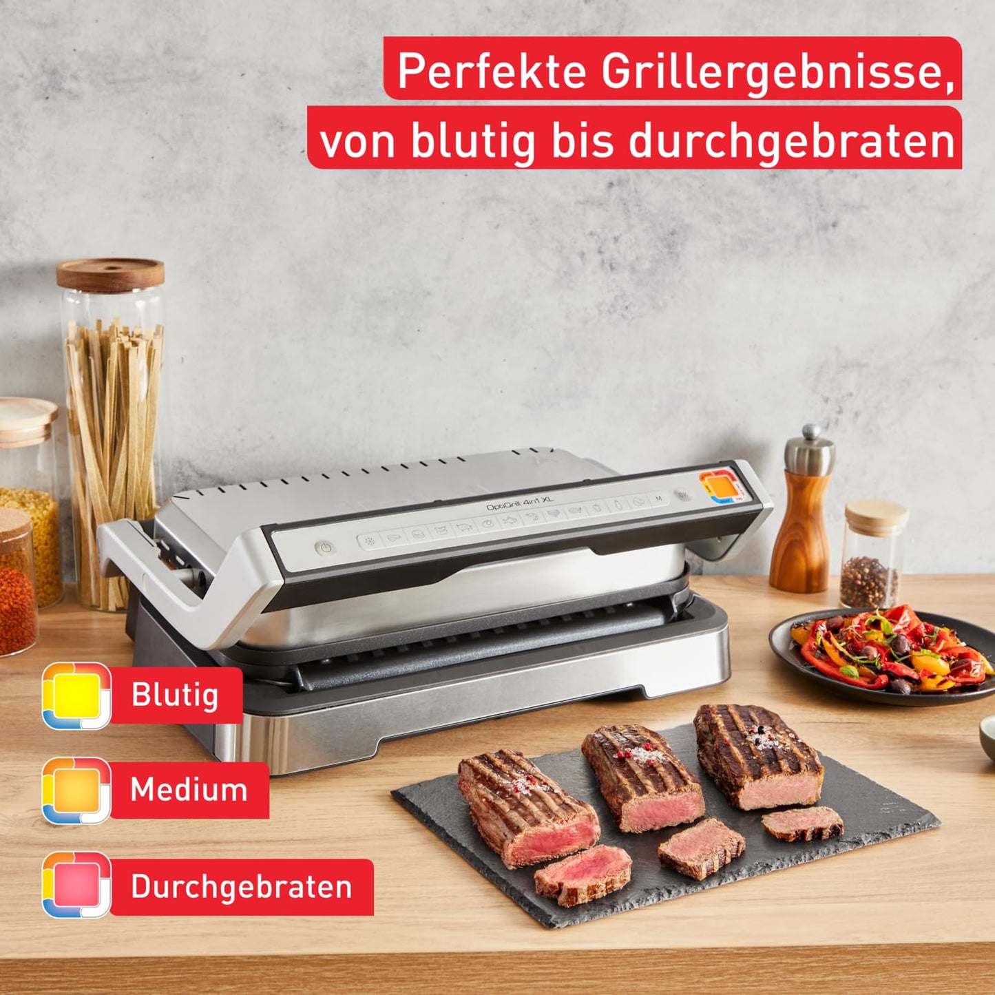 Tefal OptiGrill 4in1 XL contact grill with baking tray, foldable, table grill, 12 programs, cooking level display, electric grill, oven, GC784D10