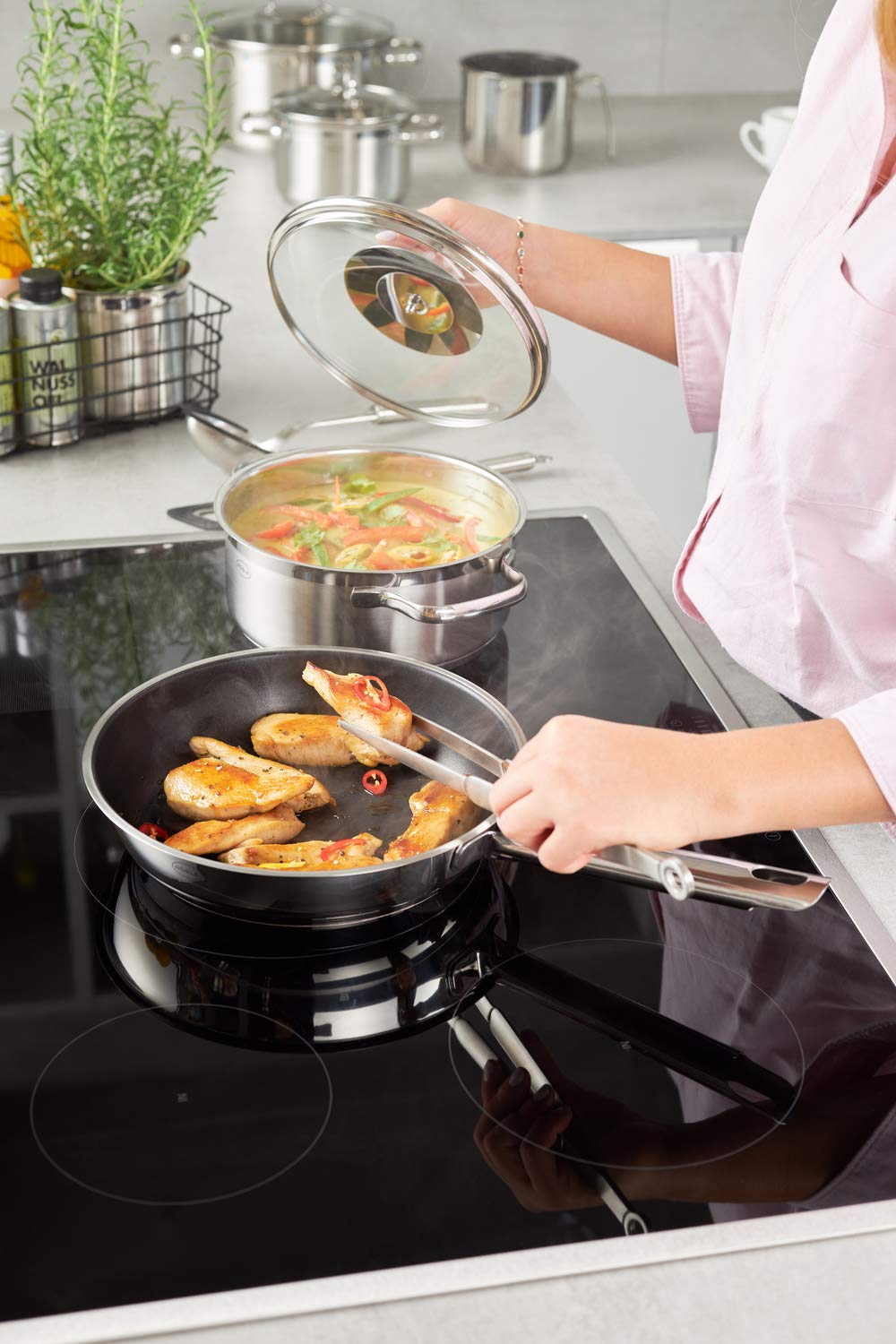 RÖSLE ELEGANCE frying pan 24 cm, high-quality universal pan with ProPlex non-stick coating, 18/10 stainless steel, induction and dishwasher safe, silver/black, 44 x 25.5 x 8 cm - 13211