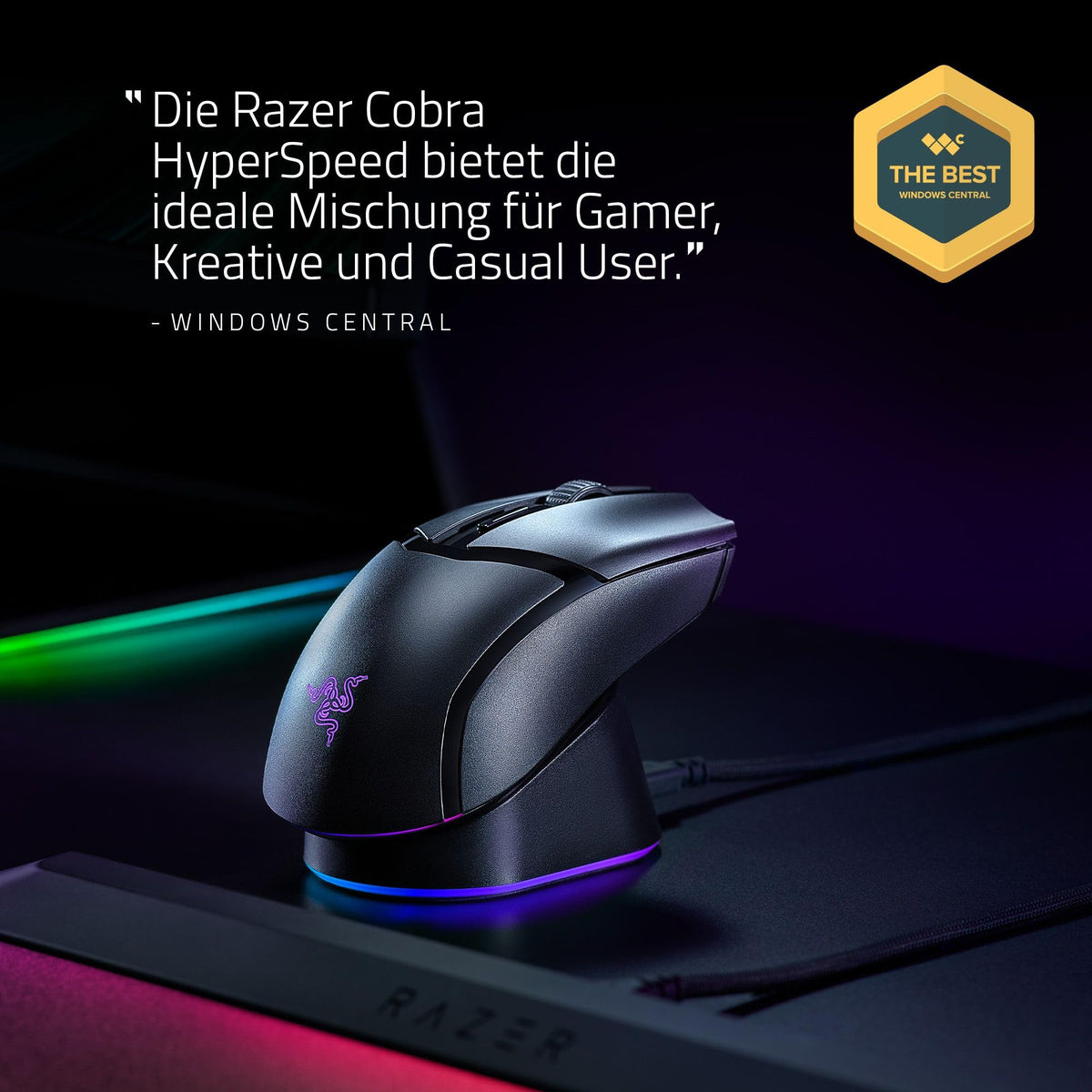 Razer Cobra HyperSpeed - mouse de gaming wireless ușoară și personalizabilă - 62g - senzor de 26K DPI - AI Prompt Master - rată de polling de 1000 Hz - wireless 2,4 GHZ și Bluetooth - Chroma RGB - PC/Mac | Negru - RZ01-05570100-R3G1