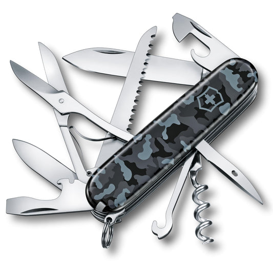 Victorinox Swiss Army Knife Huntsman, Multitool, Swiss Army Knife with 15 functions, blade, corkscrew, can opener, folding box, navy camouflage - 1.3713.942
