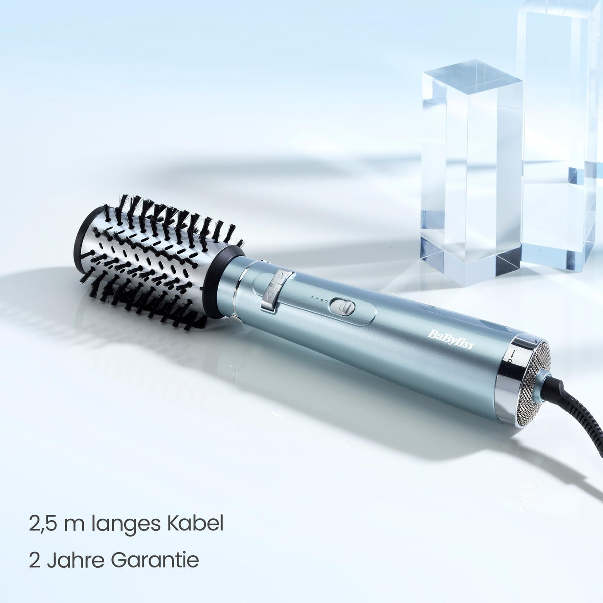 BaByliss Hydro Fusion rotating hot air brush with anti-frizz technology provides moisture and shine, hair dryer brush with ion technology, 1 attachment for volume and fullness, ice blue, AS773E