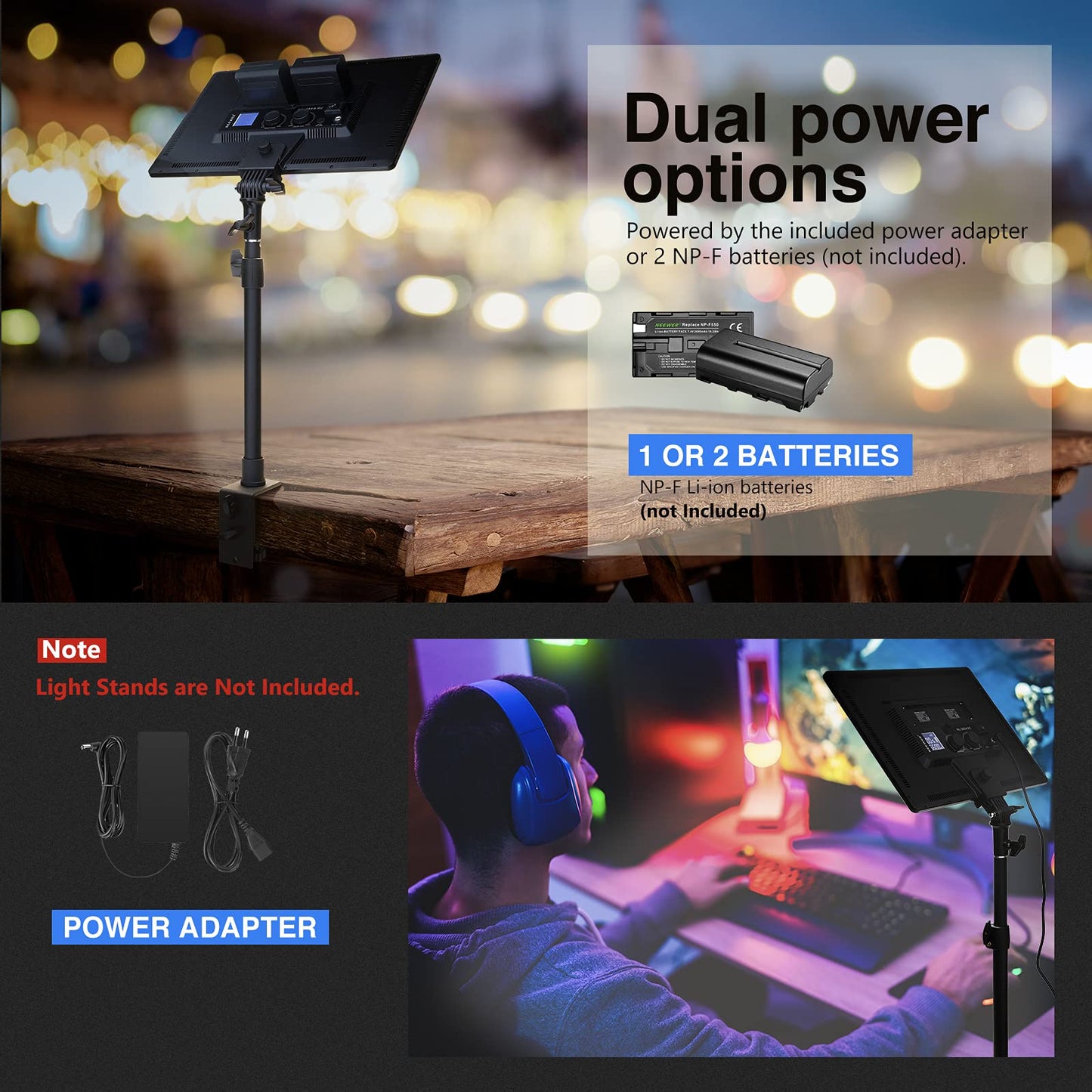 NEEWER NL288 LED video panel light with 2.4G remote control and adapter, 45W, 4800Lux, 3200K-5600K, CRI97+, dimmable two-color light panel for photo, YouTube, live stream (battery not included) - 10097709