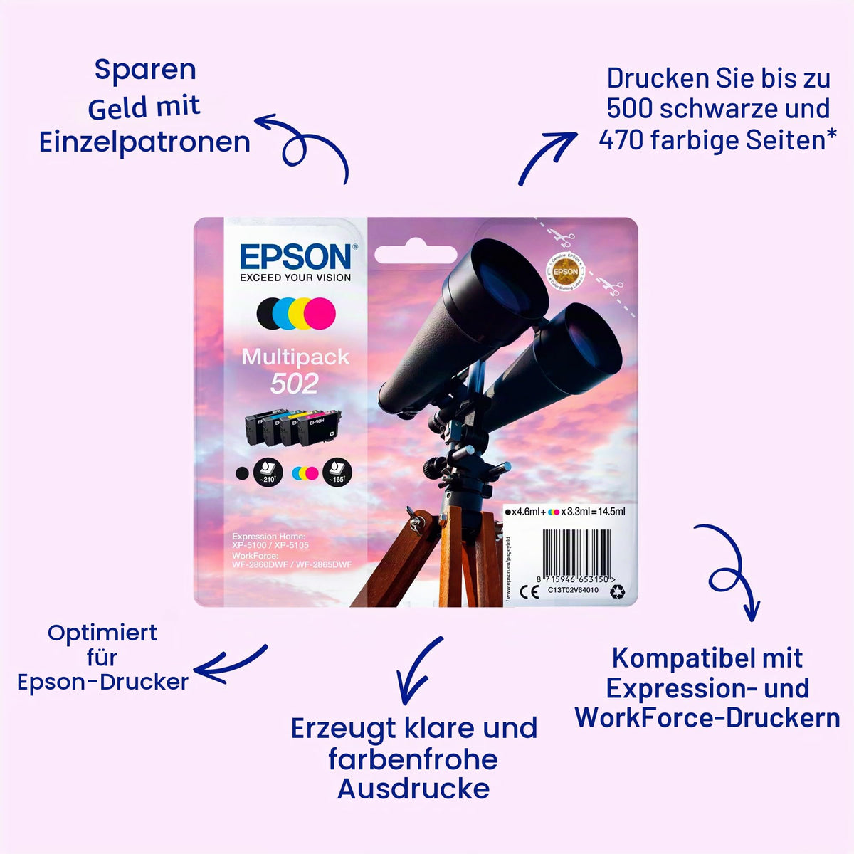 Epson Original 502 Tinte Fernglas Multipack 4-farbig Standard, XP-5100 XP-5105 XP-5150 XP-5155 WF-2860DWF WF-2865DWF WF-2880DWF WF-2885DWF, ReadyPrint Flex-Tintentarife - 8715946653150