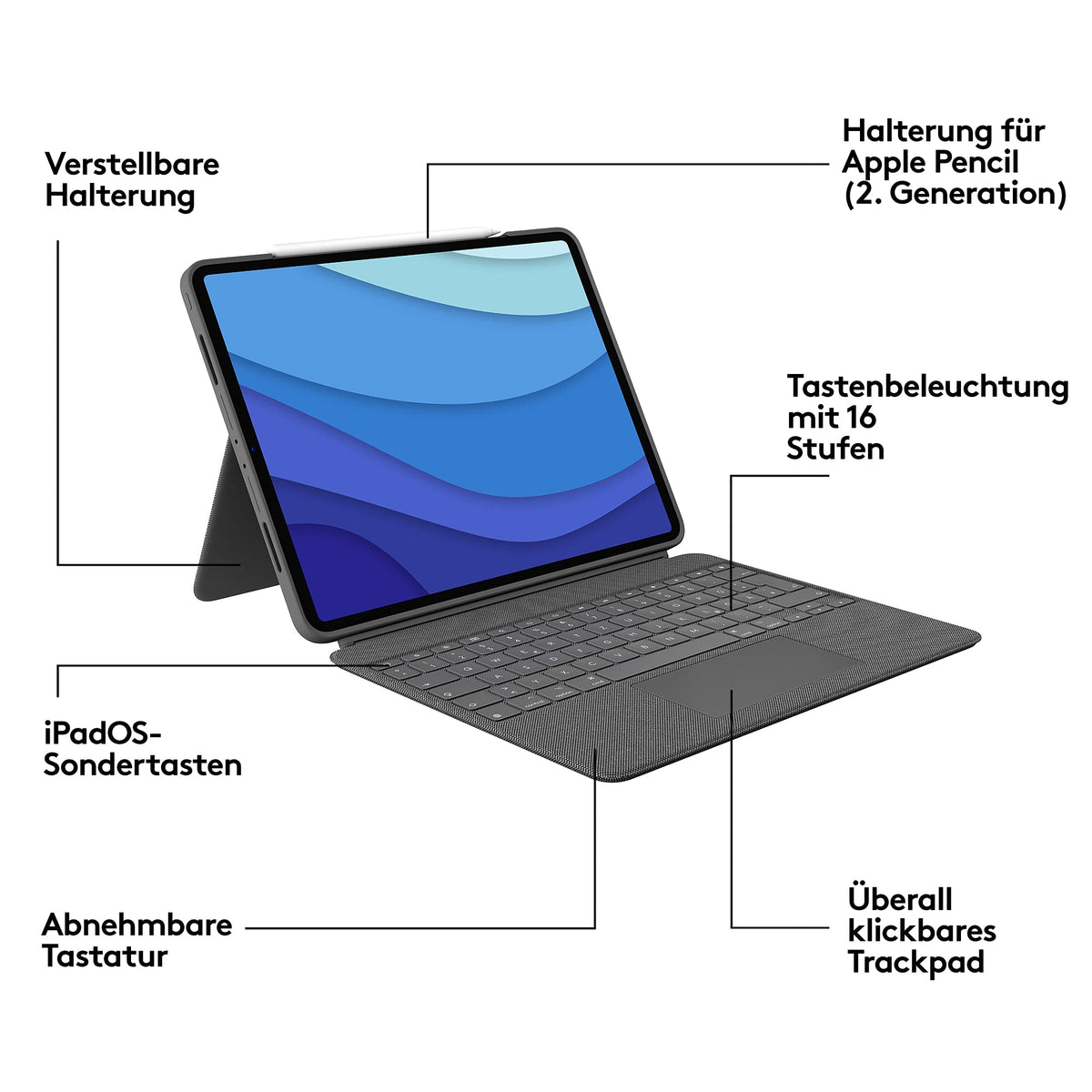Logitech Combo Touch iPad Pro 12.9 (5th Gen - 2021) Keyboard Case, detachable keyboard with backlight, click-anywhere trackpad, Smart Connector, German QWERTZ layout - Gray G335