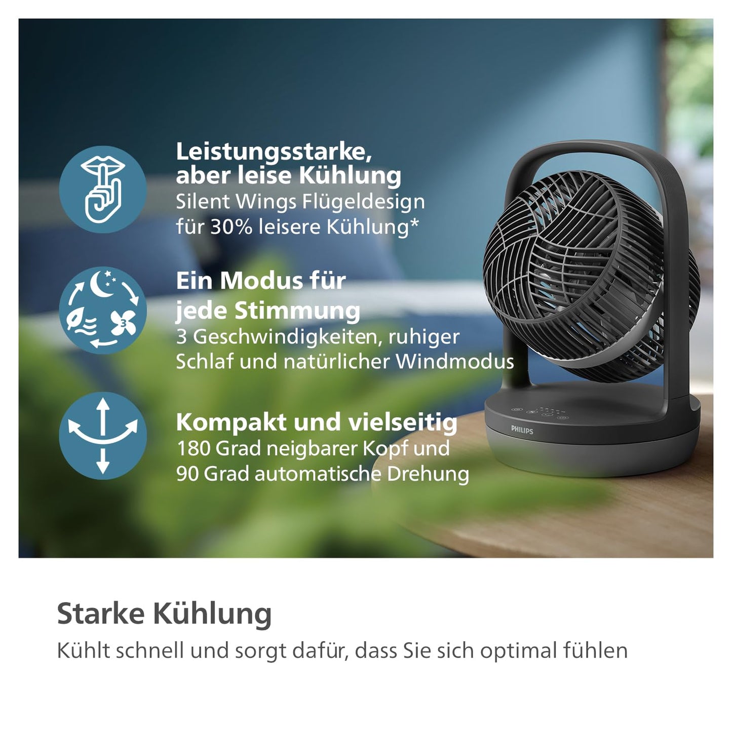 Philips Oscillating Table Fan Series 3000, Strong & Super Quiet with SilentWings Technology at 23 dB, Easy to Carry, Tilt 180°, Timer, Black (CX3050/01)