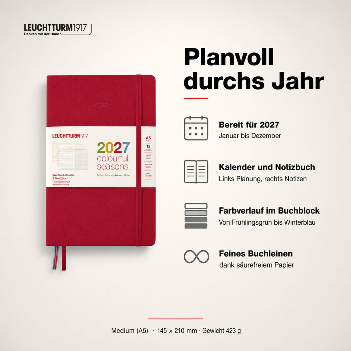 LEUCHTTURM1917 Calendar săptămânal și caiet cu punct mediu (A5) 2027, anotimpuri colorate roșu, engleză, cartonat, prezentare generală a calendarului 2026/2027/2028, prezentare generală a planificării 01.27-12.28, planificator de proiecte, buzunar