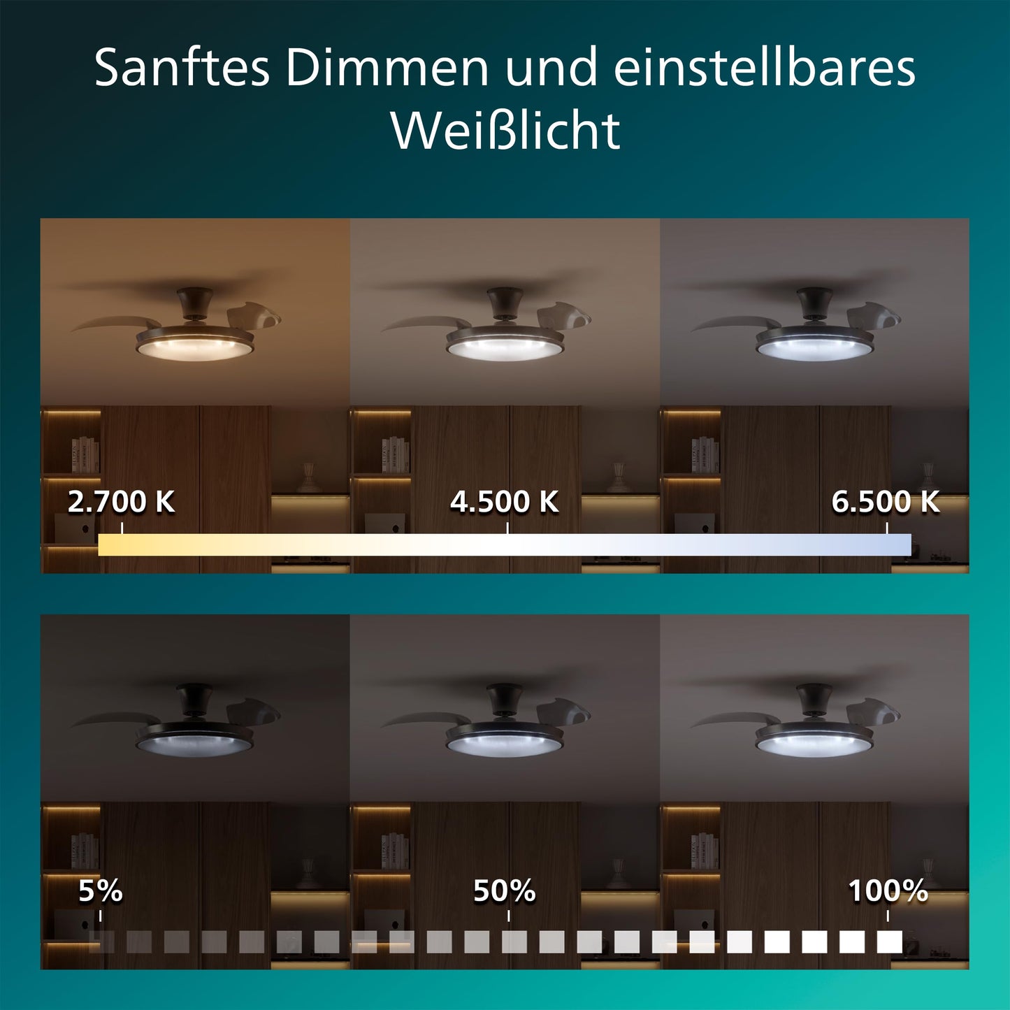 Philips Atlas ceiling fan with LED light and retractable blades, 3 blades, 106 cm wingspan, 4,500 lumens, adjustable. Light (3,000 K to 6,500 K), dimmable up to 5%, incl. remote control, nickel - 929004749901