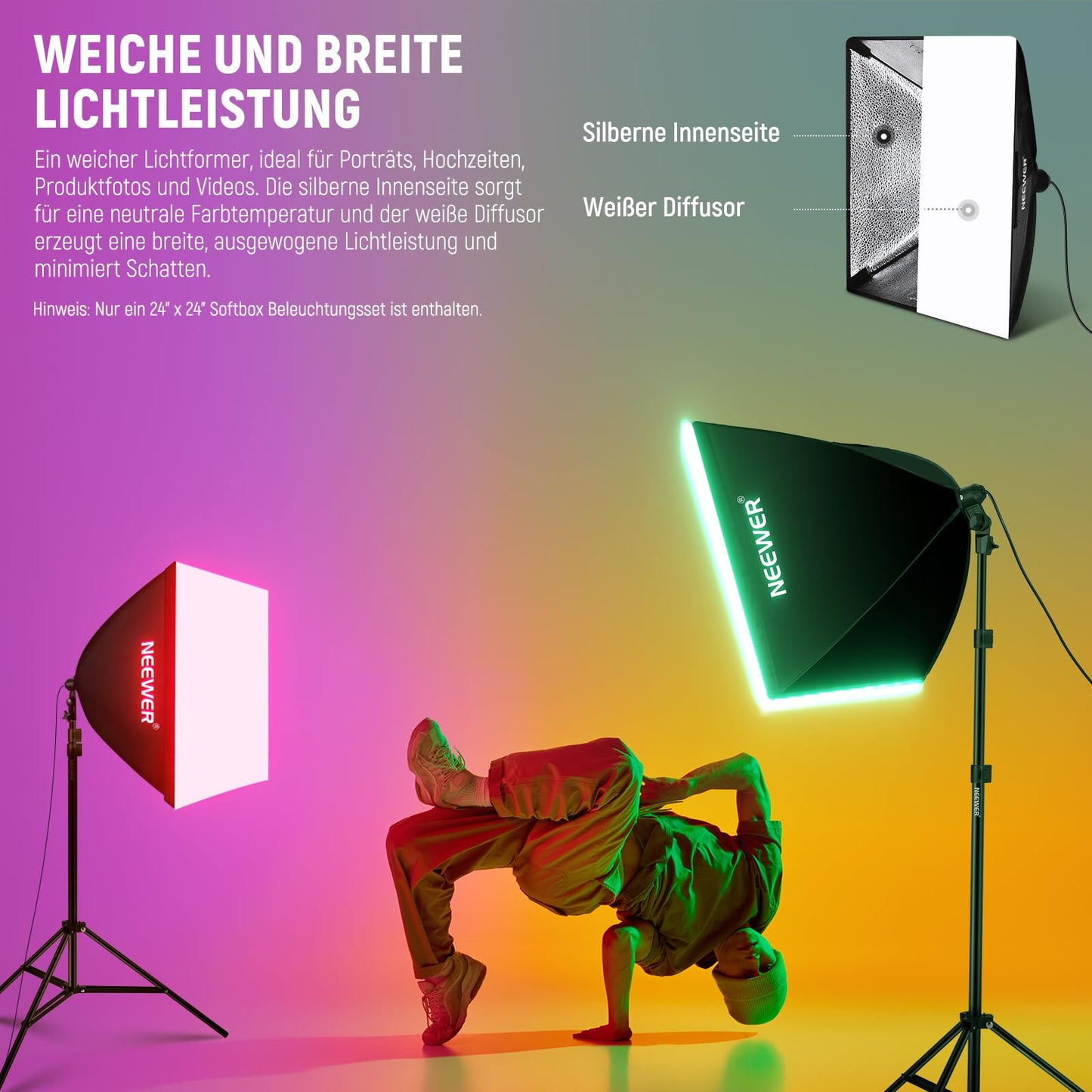 NEEWER RGB softbox lighting set with app control and 9 effect modes, 24W LED light bulb CRI93+ TLCI98+, E27 porcelain socket, 24" photo studio soft box, for studio photography video lighting, NK800 - 10104264