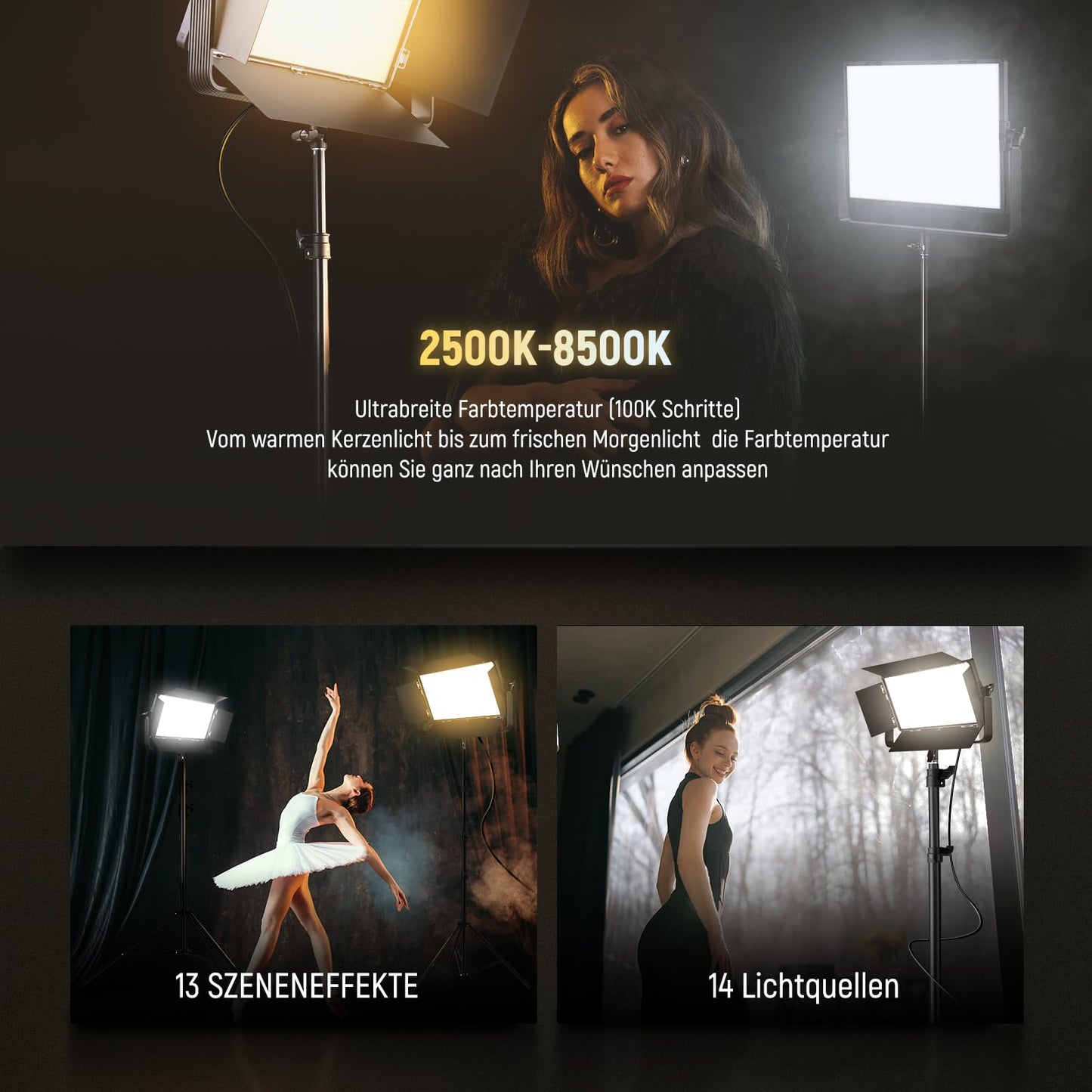 NEEWER LED video light panel, two-tone, 100W, 960 LED 38600Lux@0.5m, 2500K 8500K, CRI96+/TLCI97+, brightness 0-100%, control APP/2.4G/Panel/DMX for photo studio Pro, video scene lighting - AP100B