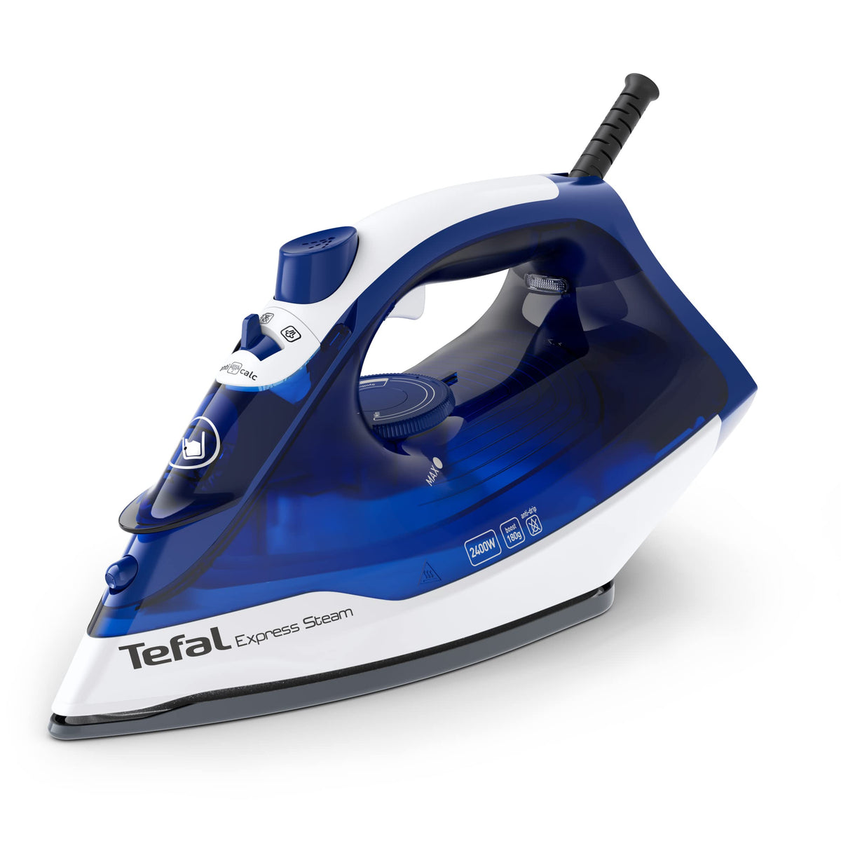 Tefal Express Steam Iron, 2400 Watts, Steam Boost: 180 g/min, 270 ml capacity, quick heating and efficient ironing, ceramic soleplate, drip stop, blue, FV2838