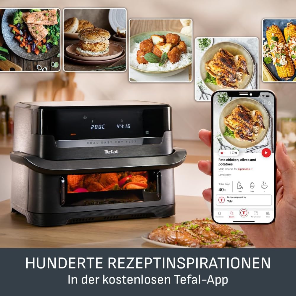 Tefal Dual Easy Fry Flex hot air fryer 9L - Airfryer with 2 chambers & GiantZone, FlexCook divider, 2700 W, 40-200 °C, 7 programs, low-fat frying & preparing 2 dishes at the same time EY9228 - EY9228E0