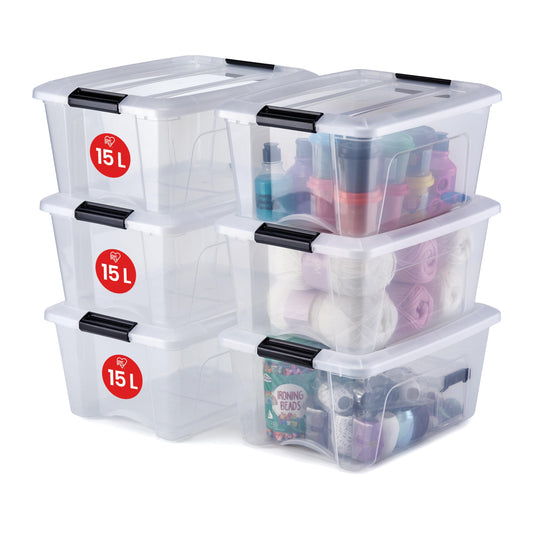 Cutii de depozitare Iris Ohyama cu capac, 15L, set de 6, transparente, închidere sigură, stivuibile, mânere, dormitor, dulap, birou, organizare, plastic fără BPA, cutii organizatoare, NTB-15 - 104510