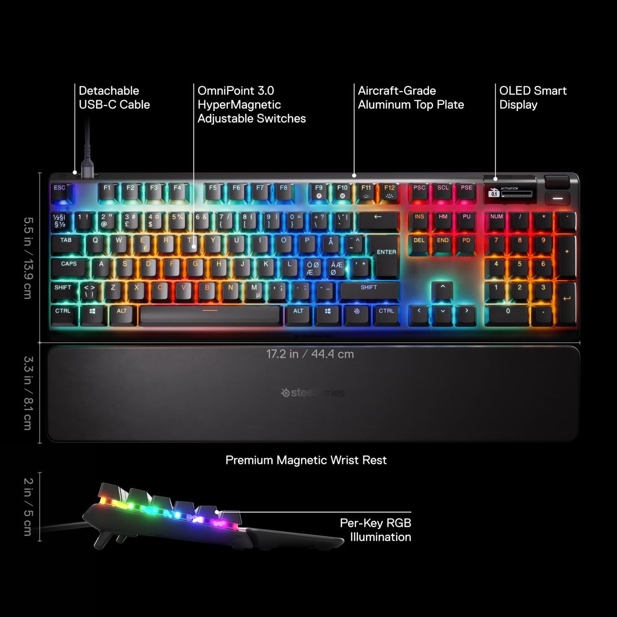 SteelSeries Apex Pro Gen 3 - Gaming Keyboard - Hall Effect Switches; OmniPoint 3.0 - Adjustable Actuation - Game-Ready Presets - Rapid Trigger, Protection Mode, Rapid Tap/SOCD - Nordic QWERTY - 64662