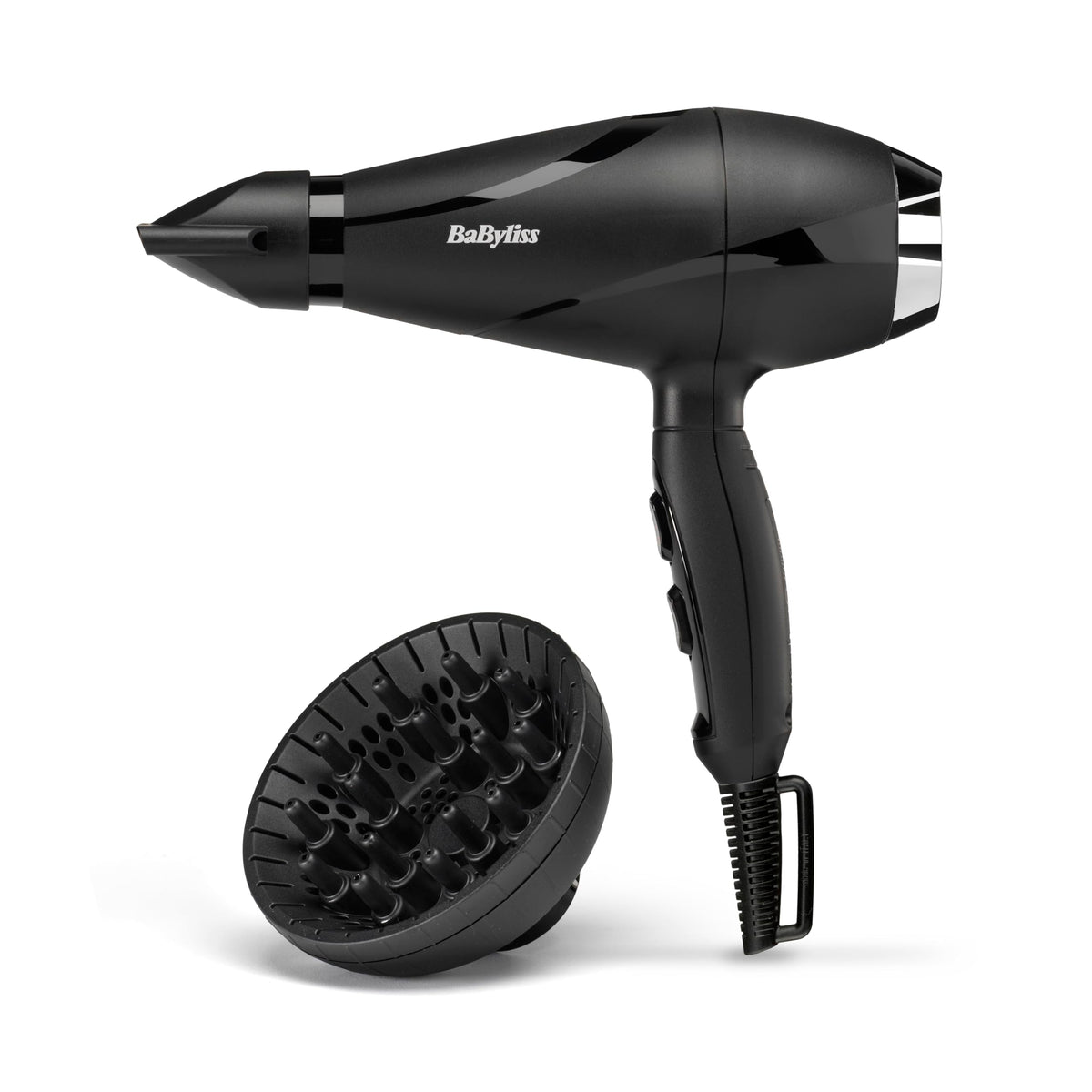 BaByliss Uscător de păr Shine Pro 2200 – 2200W, tehnologie cu ioni, efect anti-frizz, inclusiv difuzor și duză, fabricat în Italia, negru, 6713DE