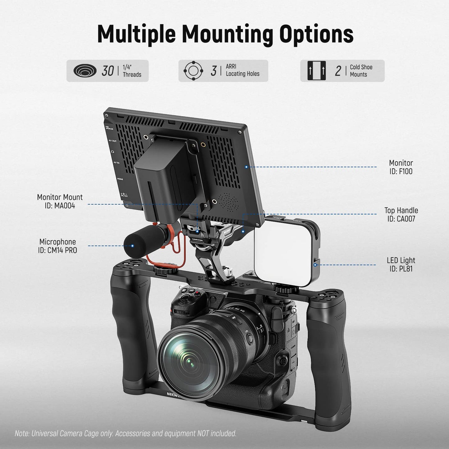 NEEWER video camera cage rig with Arca base, double handles, 3/8" ARRI mount & 1/4" thread, cold shoes, universal stabilizer compatible with SmallRig NEEWER base plate 15mm rods, CA016