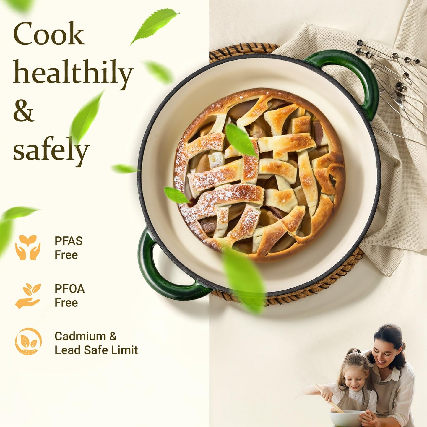 Overmont roasting pan enamel cast iron pot - casserole 28cm oven-safe - with lid and cookbook - for kitchen baking stewing roasting light green - 28CM-Enamel-Highlighter