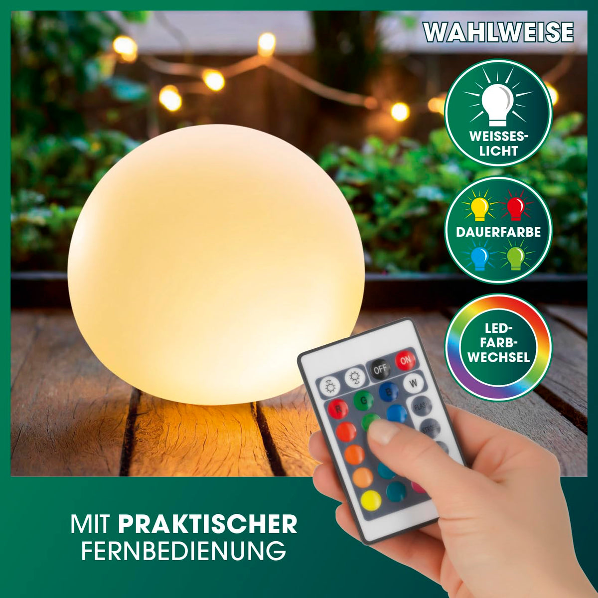 EASYmaxx LED solar light ball 40 cm | Solar light - atmospheric color change for beautiful lighting effects indoors and outdoors Solar light including remote control | Solar light LED + 5 light modes - 19660