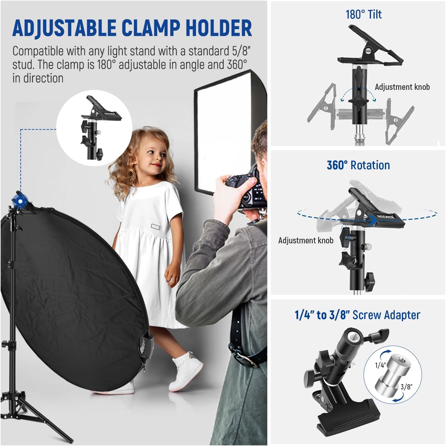 NEEWER 110cm light reflector with clamp and handles, 5 in 1 foldable multi disc photography reflector translucent/silver/gold/white/black with 3/8" thread for studio outdoor lighting, RF-110II - 90101292
