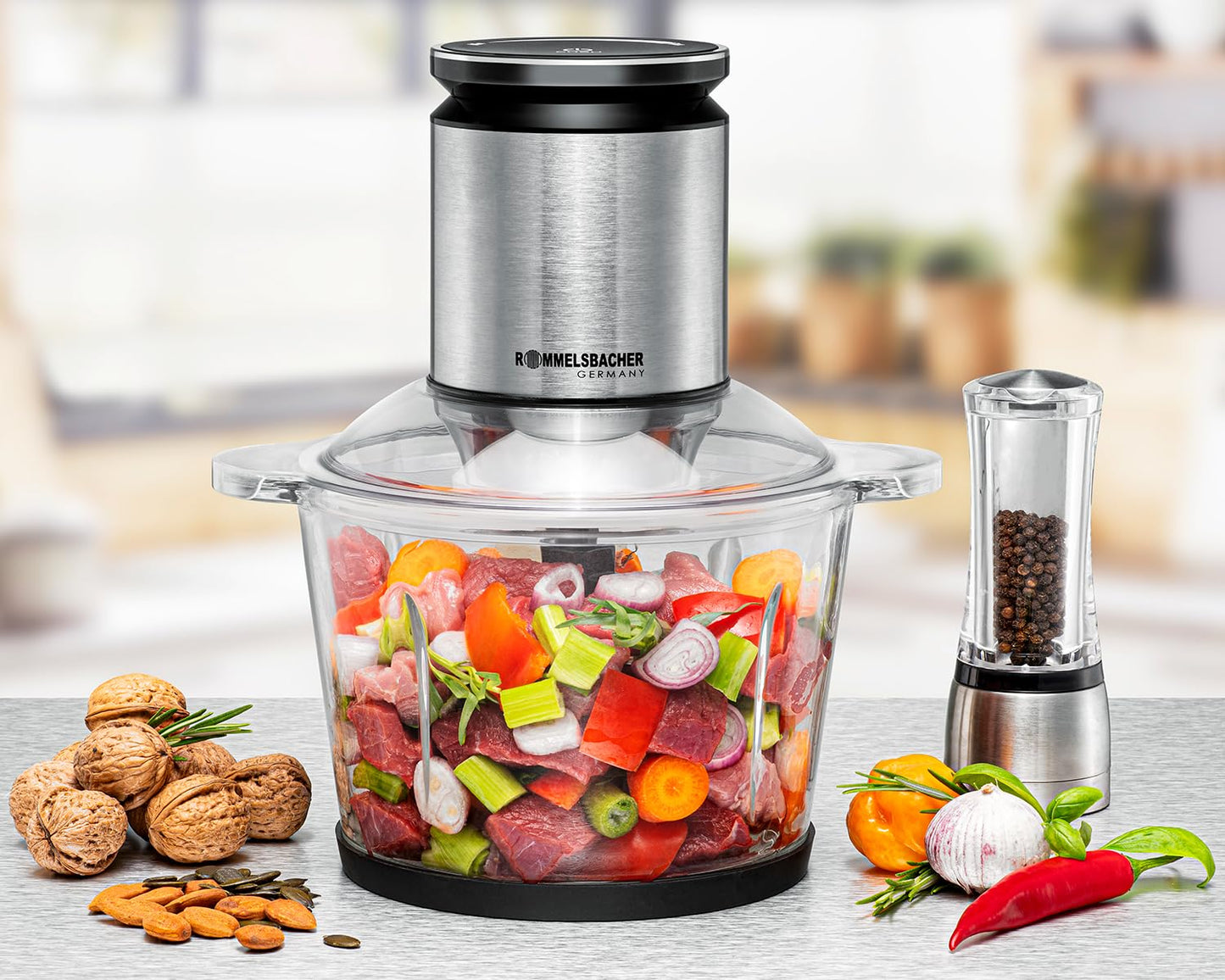 ROMMELSBACHER Multi shredder MZ 800, 2.7 liter glass container, 22-stage speed control, powerful motor, 9-blade special stainless steel knife, knife axis and motor coupling made of stainless steel