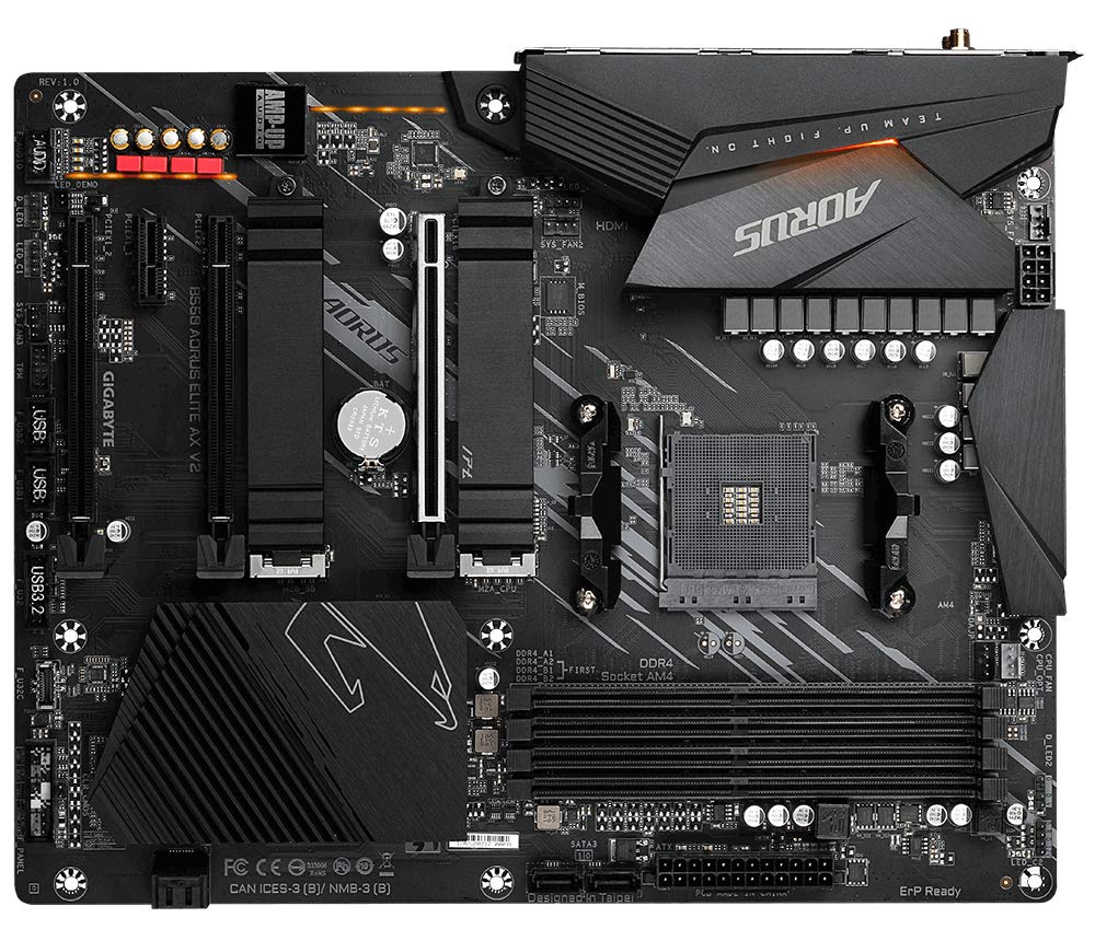 GIGABYTE B550 AORUS Elite AX V2 Mainboard – Compatible with AMD Ryzen 5000 CPUs, featuring a 12+2 phase VRM, supports up to 4733 MHz DDR4, 1x PCIe 4.0 + 1x PCIe 3.0 M.2, Wi-Fi 6E, 2.5GbE LAN, and USB 3.2 Gen 2.