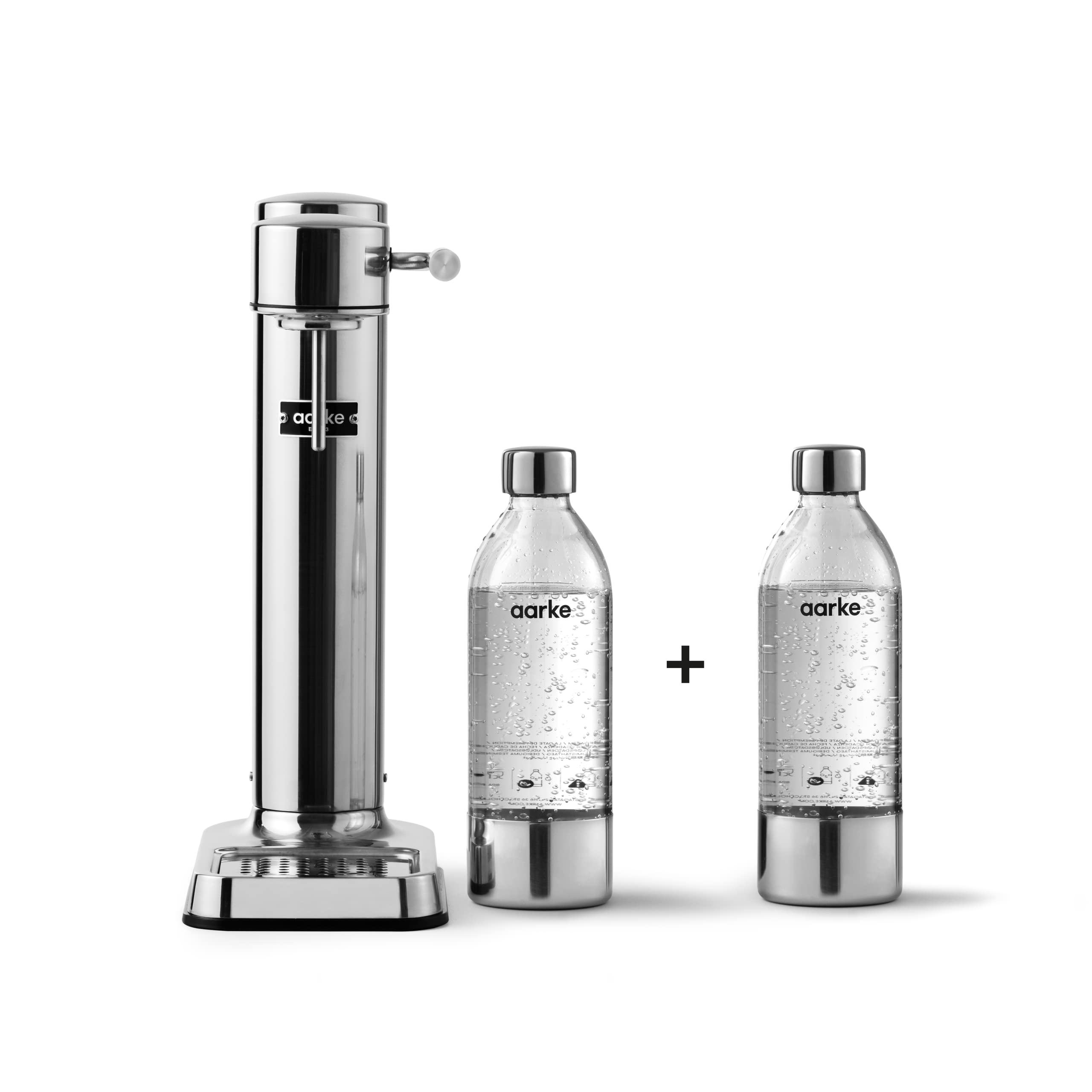 Aarke Carbonator 3, stainless steel sparkling water maker in a modern stainless steel finish with 2x BPA-free 1L PET bottles, sparkling water maker for tap water, compatible with 60L CO2 cylinders - AA-C3