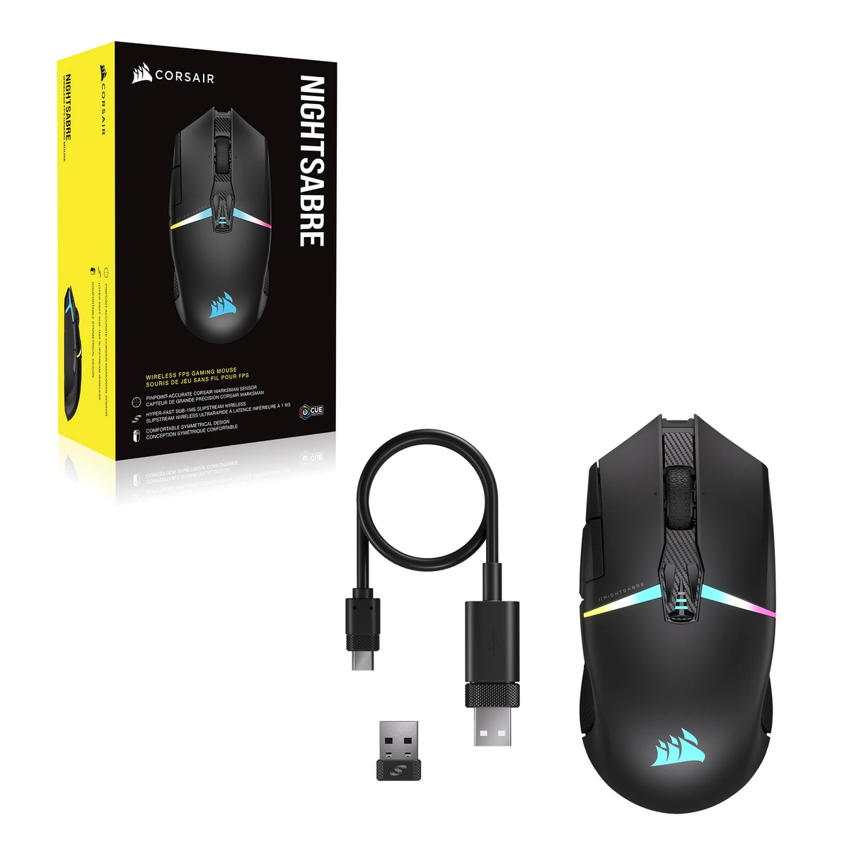 Corsair NIGHTSABRE RGB Wireless Gaming Mouse for FPS, MOBA - 26,000 DPI - 11 Programmable Buttons - Up to 100 Hours Battery Life - iCUE Compatible - Black - CH-931B011-EU