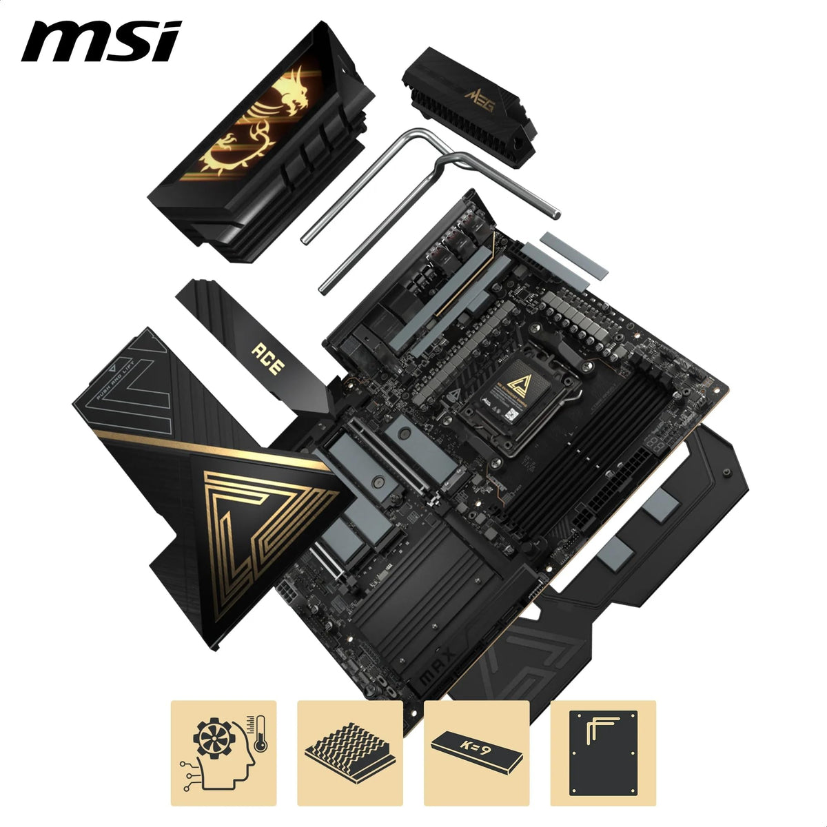 MSI MEG X870E ACE MAX Placă de bază, ATX - Suportă procesoare AMD Ryzen 9000/8000 / 7000, AM5-64MB BIOS ROM, 110A SPS VRM, memorie DDR5 (până la 9000+ MT/s OC), M.2 & PCIe 5.0, USB4, Wi-Fi 7 - 7E85-001R