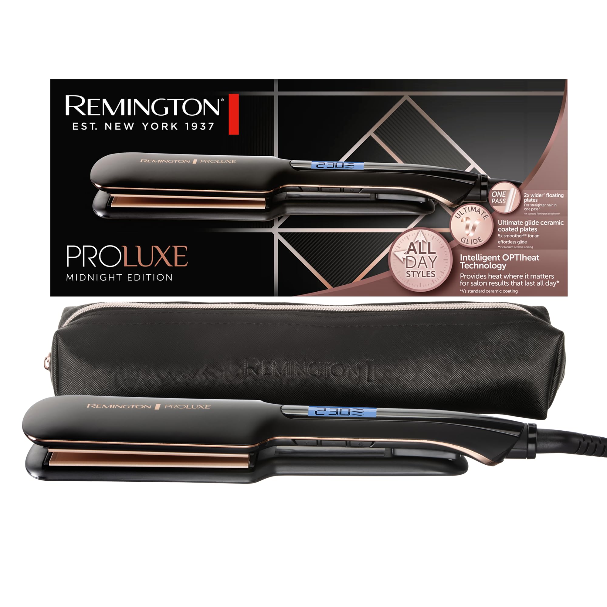 Remington straightening iron [extra wide ceramic styling plates 110 x 50mm] Proluxe (OPTIheat technology, Pro+ setting for gentle styling, digital display, quick heating) hair straightener S9150B