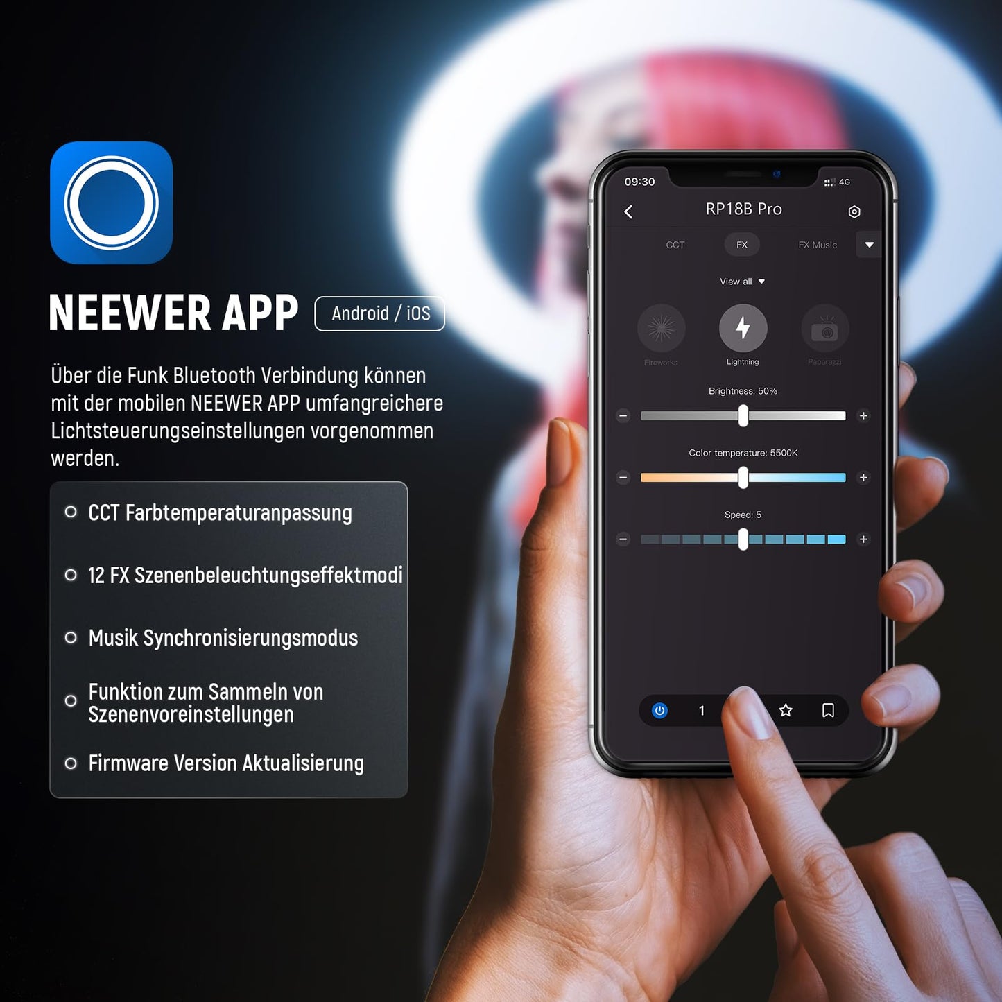 NEEWER Professional Ring Light with Stand and Phone Holder, 18" Thin, 45W 2900K-7000K TLCI98, Remote Shutter and App Control, Softer Lighting for Make up Live Stream TikTok, RP18B Pro White - 10103012