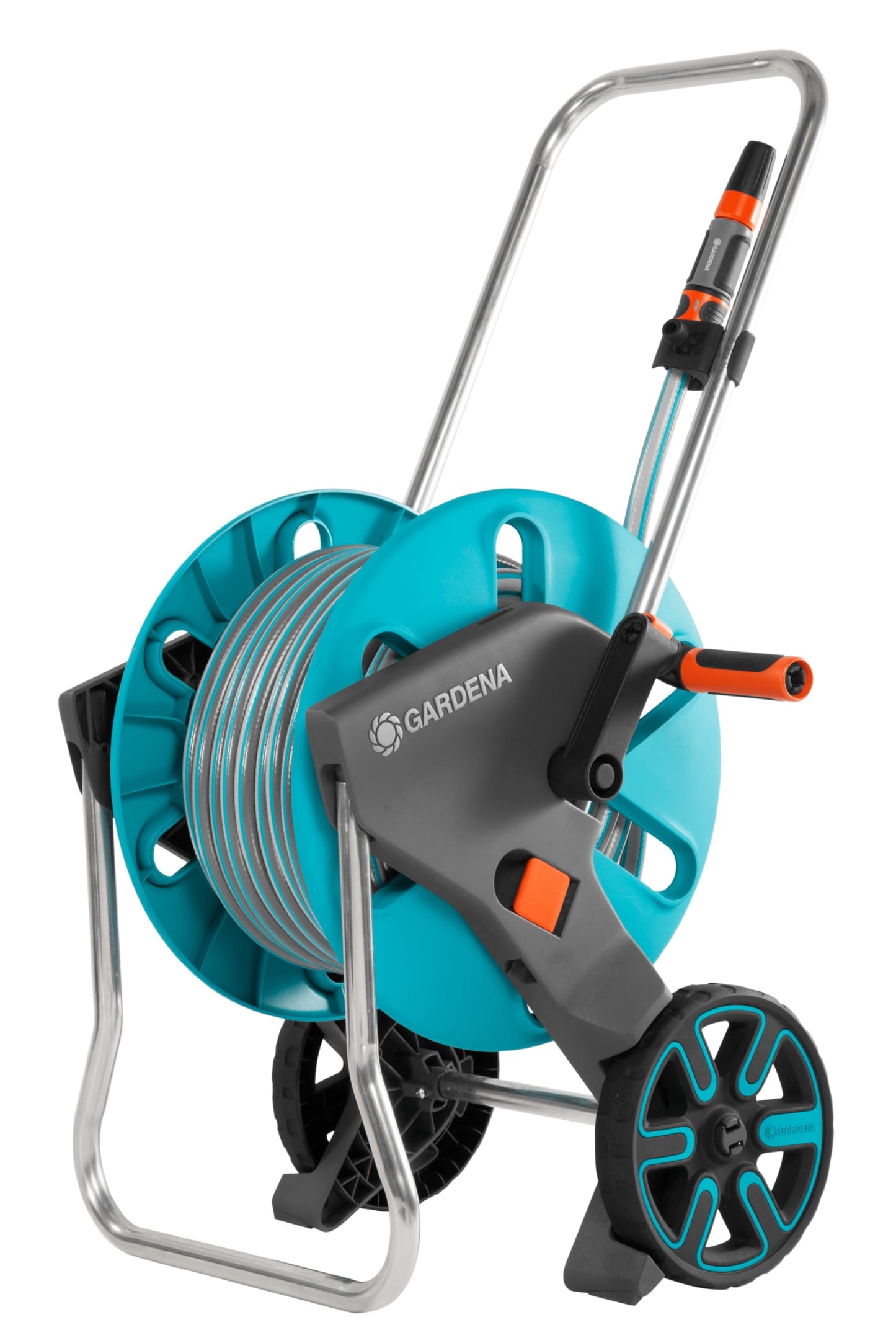 Gardena CleverRoll M Set: Hose trolley with 20 m classic hose and syringe and clip attachment for storage, drip stop, freely selectable crank side (18513-88) - 18513-20