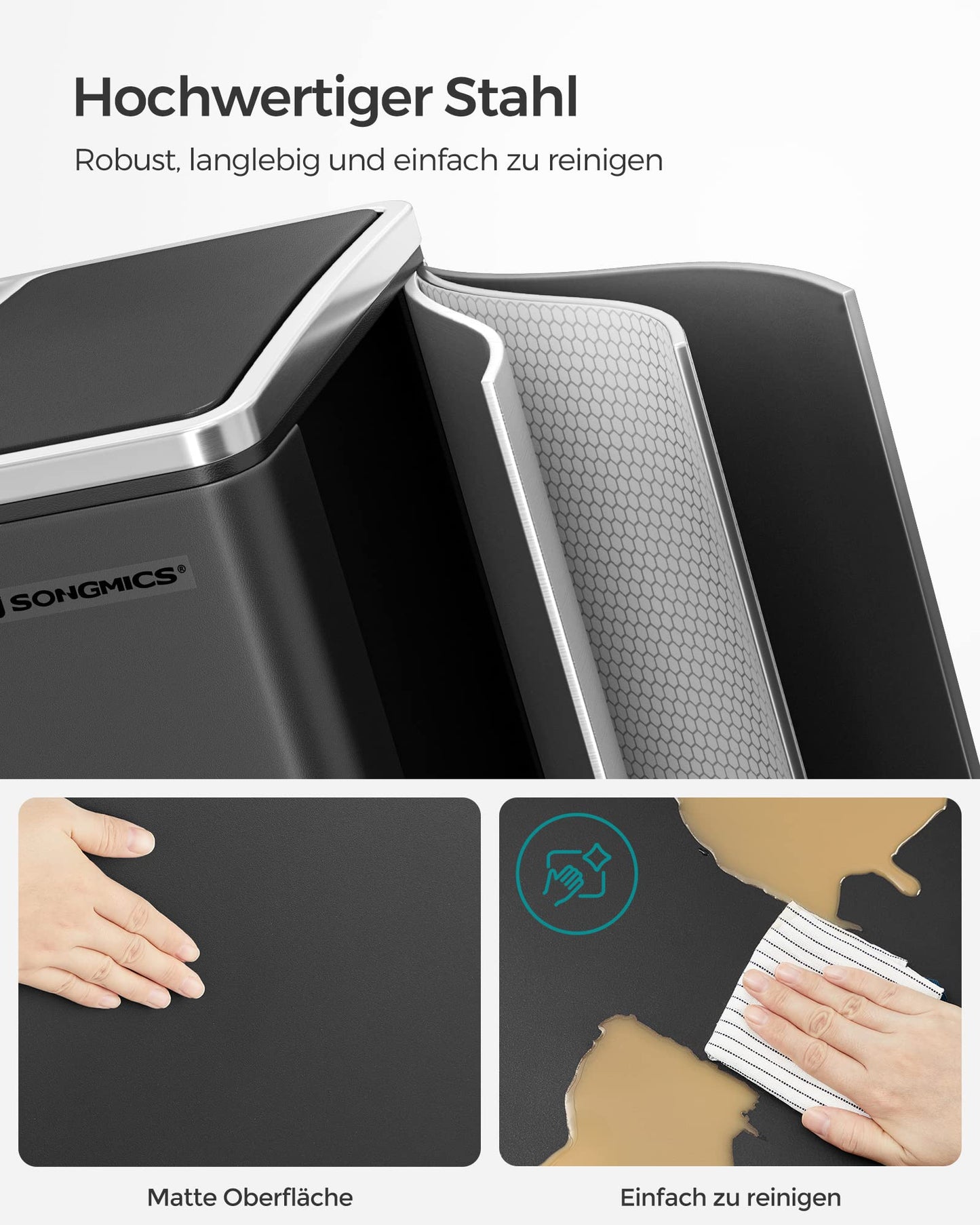 SONGMICS kitchen trash can, 2 x 15 liters, waste separation system 2 compartments, including 15 trash bags, trash can, pedal bin, recyclable waste, organic waste, soft close lid, ink black LTB30BK