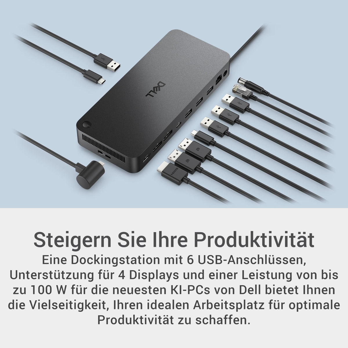 Dell Pro Dock WD25 – USB-C docking station with 100W power delivery, 4 display support, 2x DP 1.4, HDMI 2.1, 6 USB ports, 2.5GbE Ethernet, compact sustainable design.