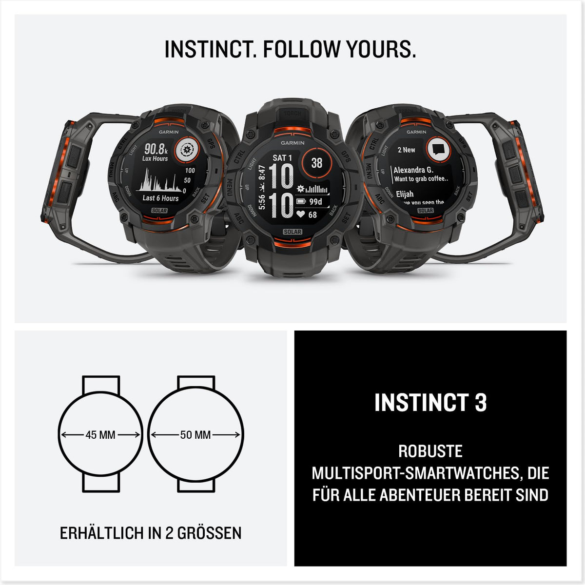 Garmin Instinct 3 50mm SOLAR – Ceas inteligent GPS pentru multisport, display de 1,1", autonomie a bateriei de până la 40 de zile, peste 80 de aplicații sportive, funcție de navigație, caracteristici inteligente, lanternă LED, rezistent la apă -
