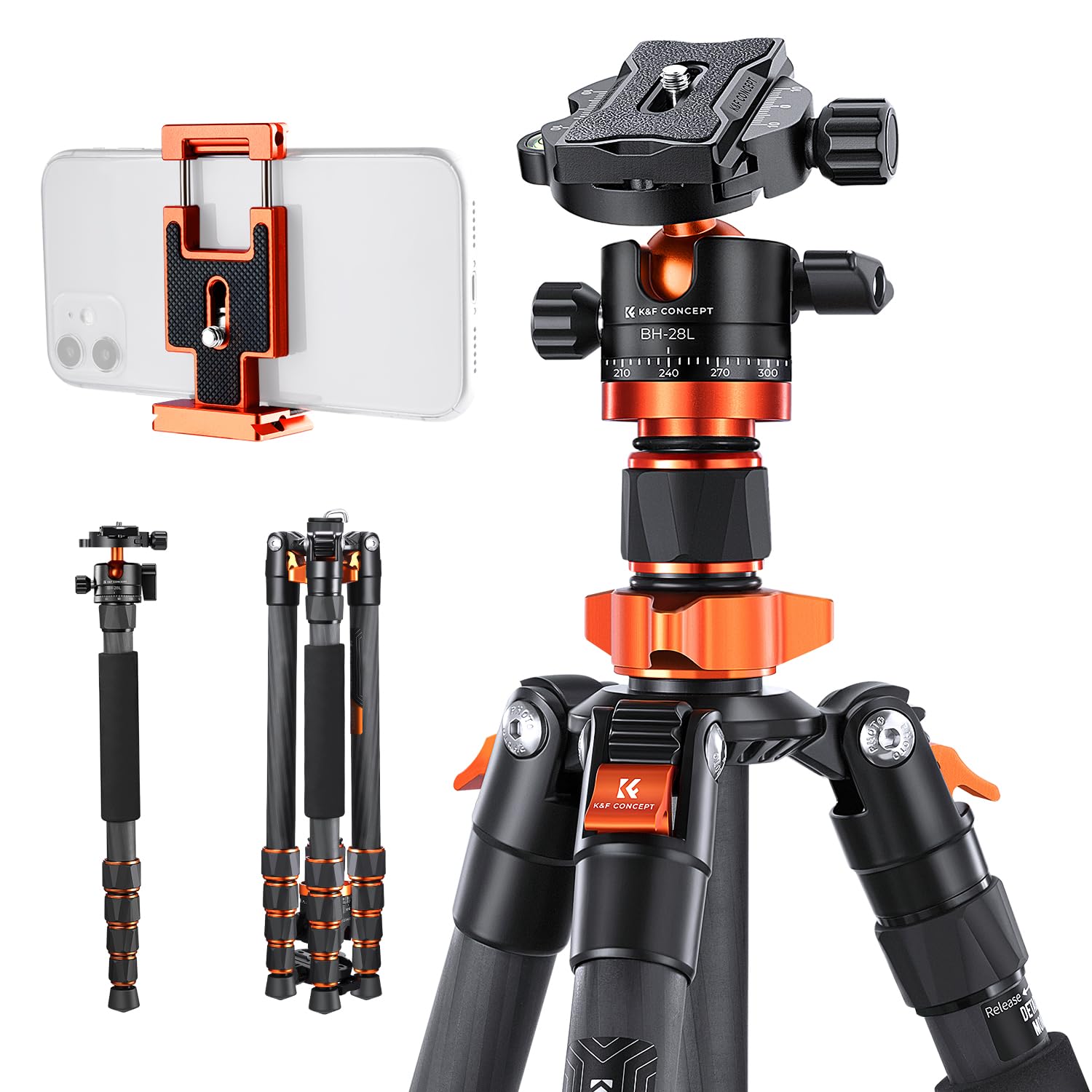 K&F CONCEPT 172cm Carbon Tripod, D255C4(SA255C1) Compact Camera Mobile Phone Tripod, Lightweight Tripod with Monopod Function, 1/4" Thread Travel Tripod with 360° Ball Head for SLR Camera - D255C4+BH-28L
