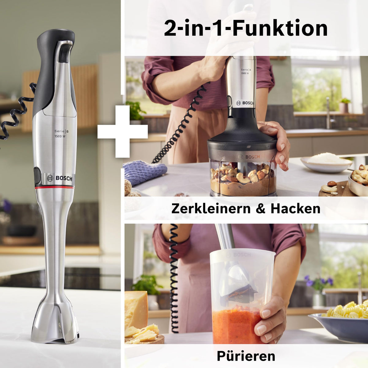 Bosch Hand Blender, Mixing Cup, Universal Chopper, Stainless Steel Blades, Dishwasher Safe, Spiral Cable, 1500 Watts, ErgoMaster Series 8 MSM8M930