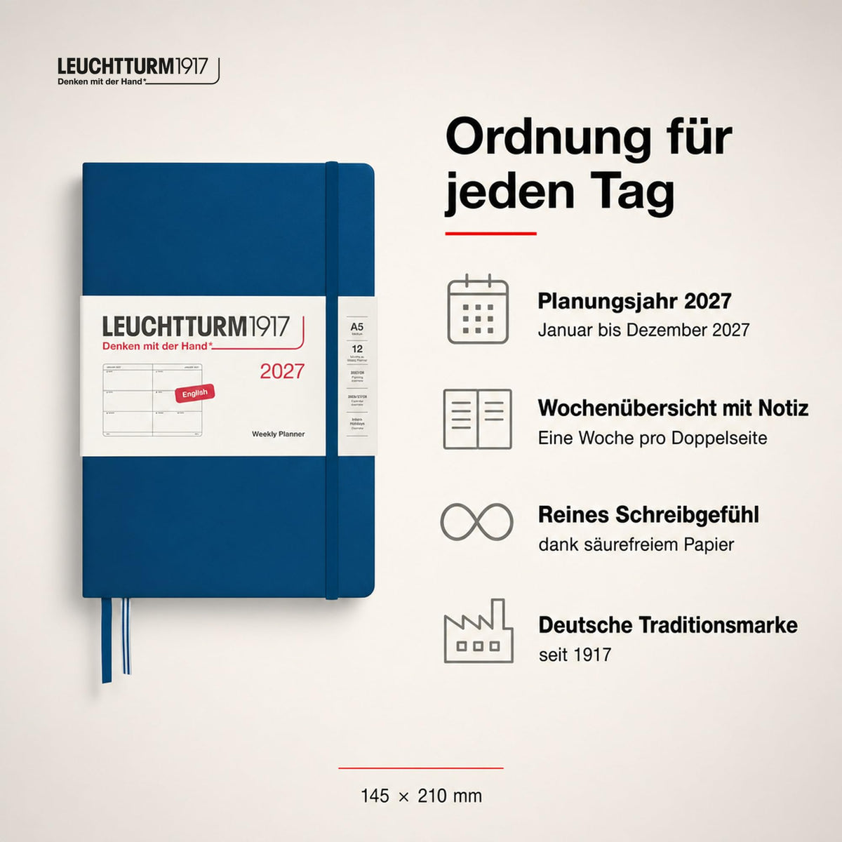 LEUCHTTURM1917 Calendar săptămânal 2027 Mediu (A5) - Engleză, Indigo, Hardcover, 145 x 210 mm, 12 luni - ianuarie-decembrie 2027, 1 săptămână pe pagină dublă, hârtie de 80 g/m² cu compatibilitate ridicată cu cerneală - 400274