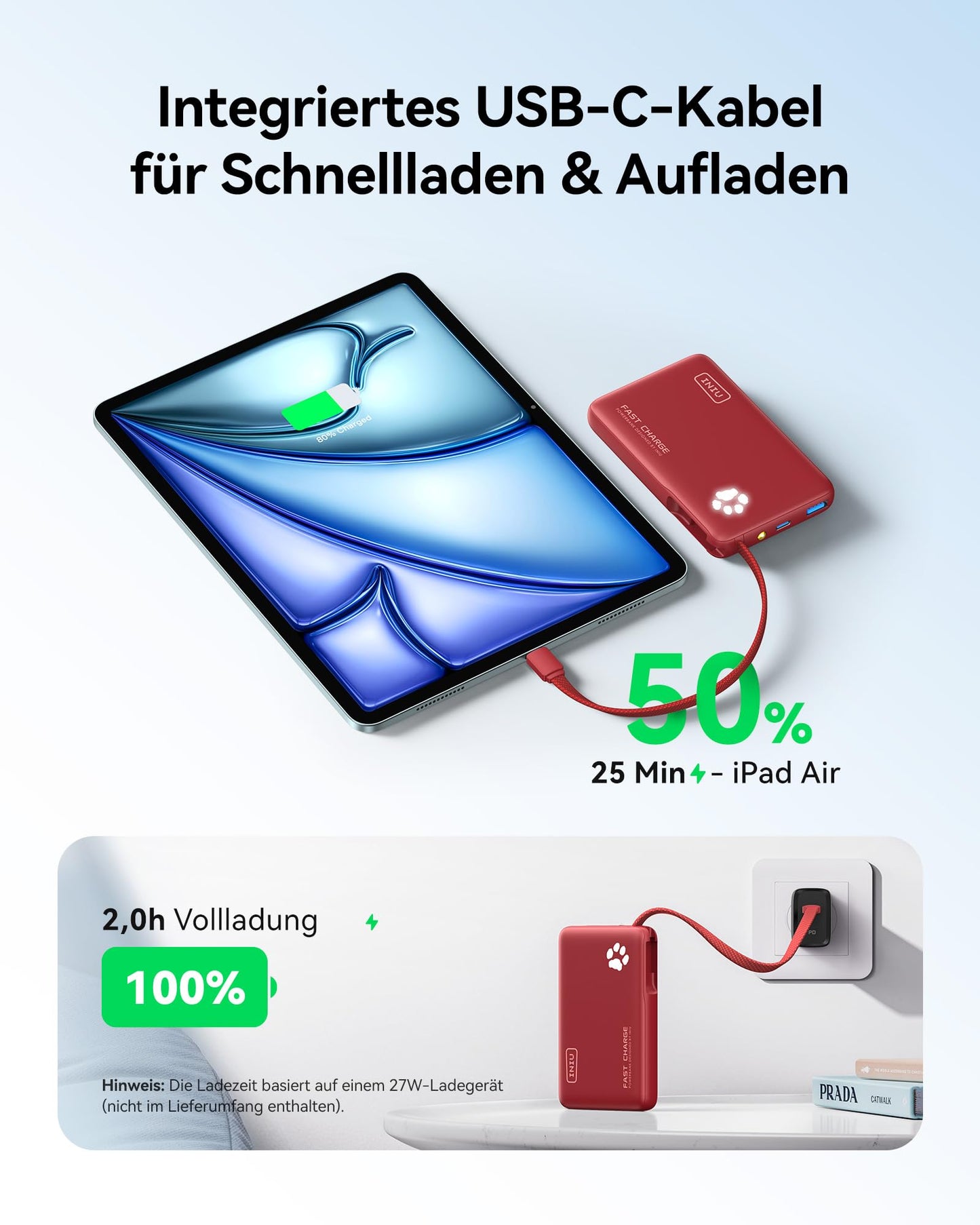 INIU 45W Power Bank, Mini Size 10000mAh PowerBank with Integrated USB-C Cable, Fast Charging External Mobile Phone Batteries USB C In&Out, Small But Strong for iPhone 17 16 15 Xiaomi Mini Samsung, Red - P41L