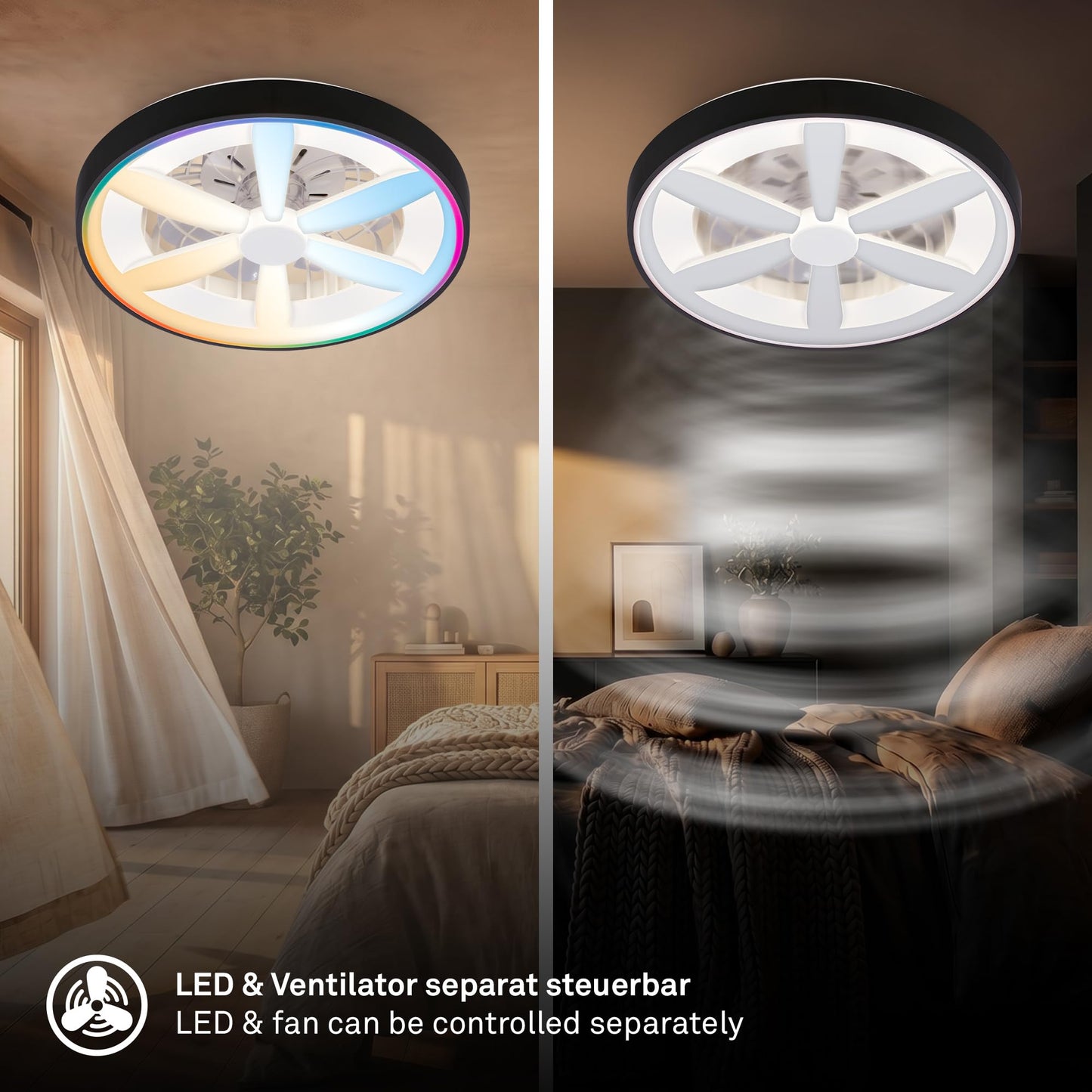 BRILONER - LED ceiling fan with lighting, remote control, DC motor, 5 speeds, RGBIC, CCT, dimmable, lamp with fan, LED ceiling light, ceiling lamp fan, 48 cm, black - 3988015